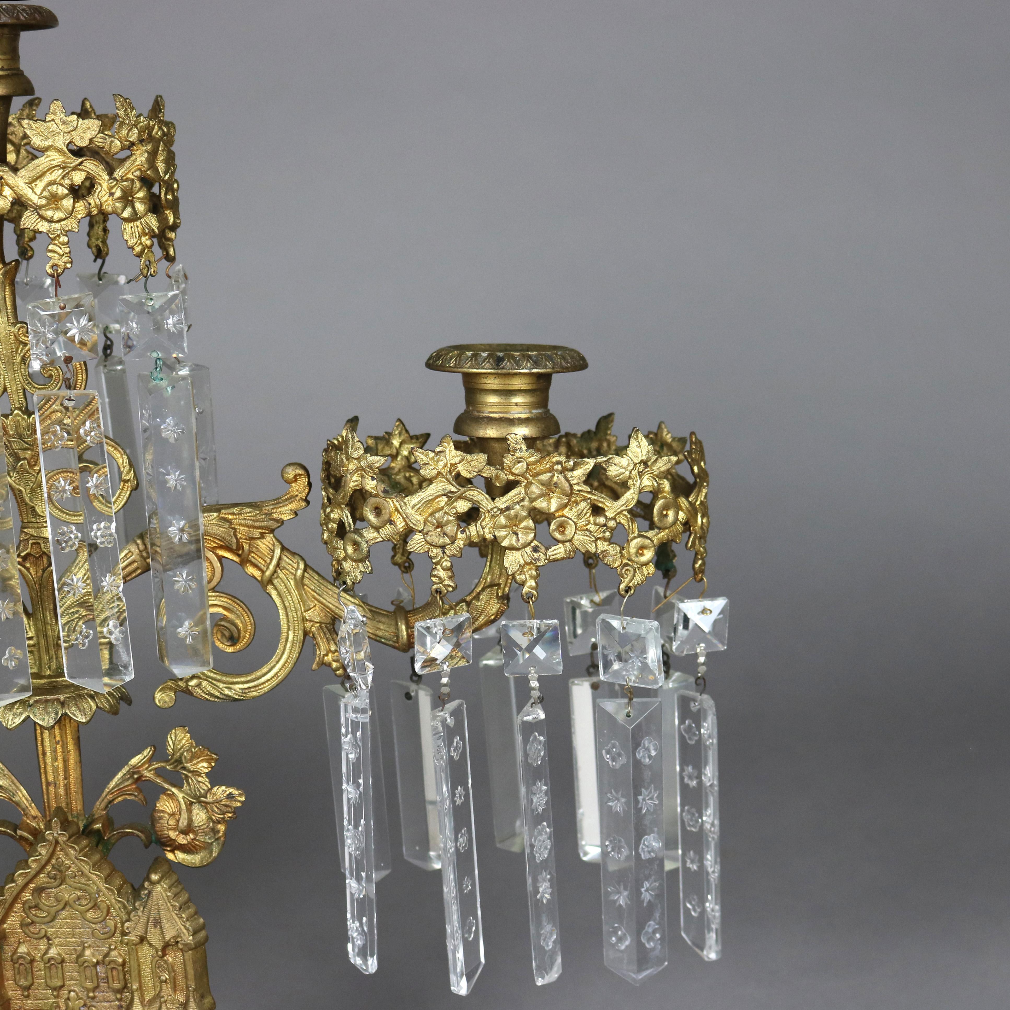 Antique Brass, Marble & Crystal Girandole Candelabra with Bigelow Chapel c1890 2