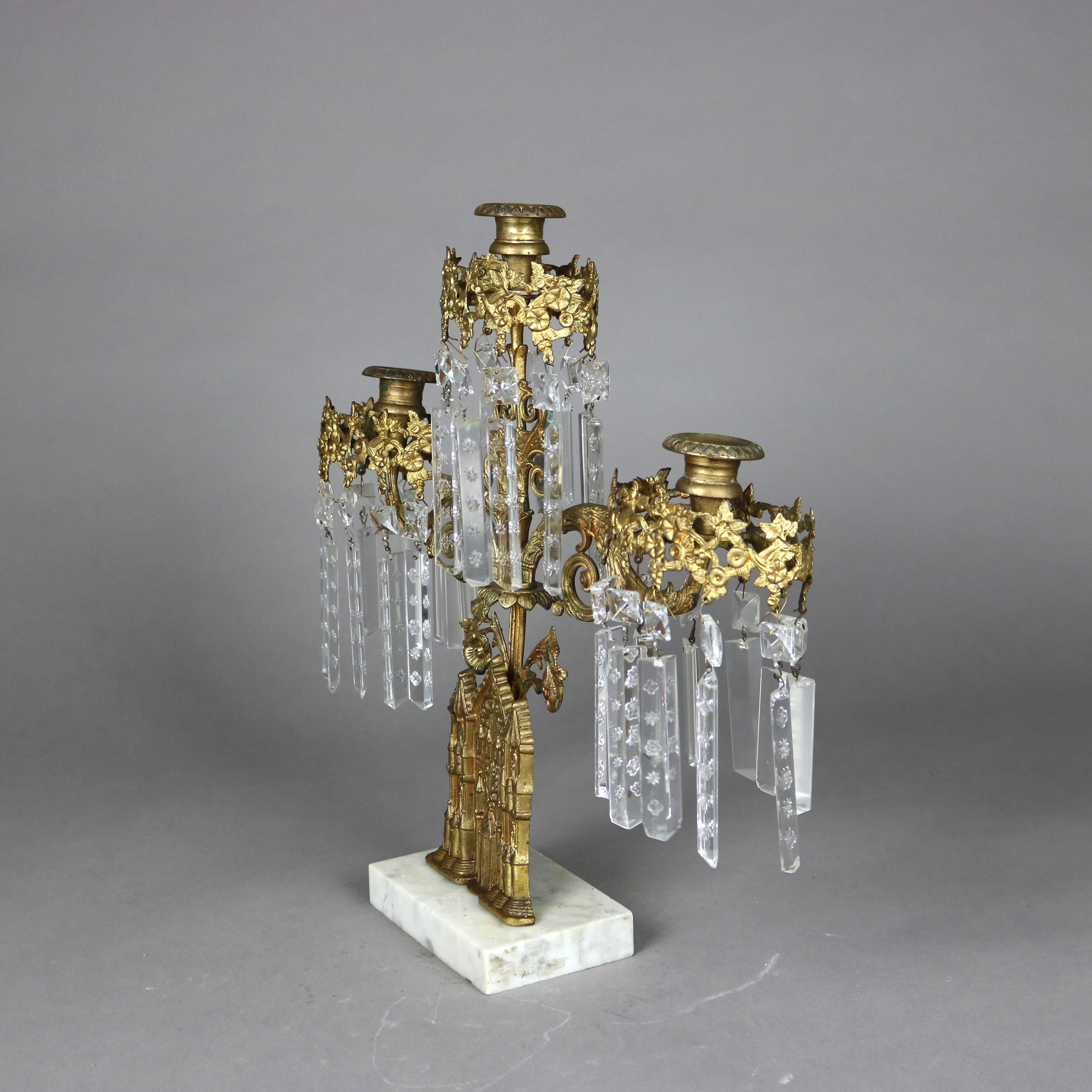 Antique Brass, Marble & Crystal Girandole Candelabra with Bigelow Chapel c1890 3