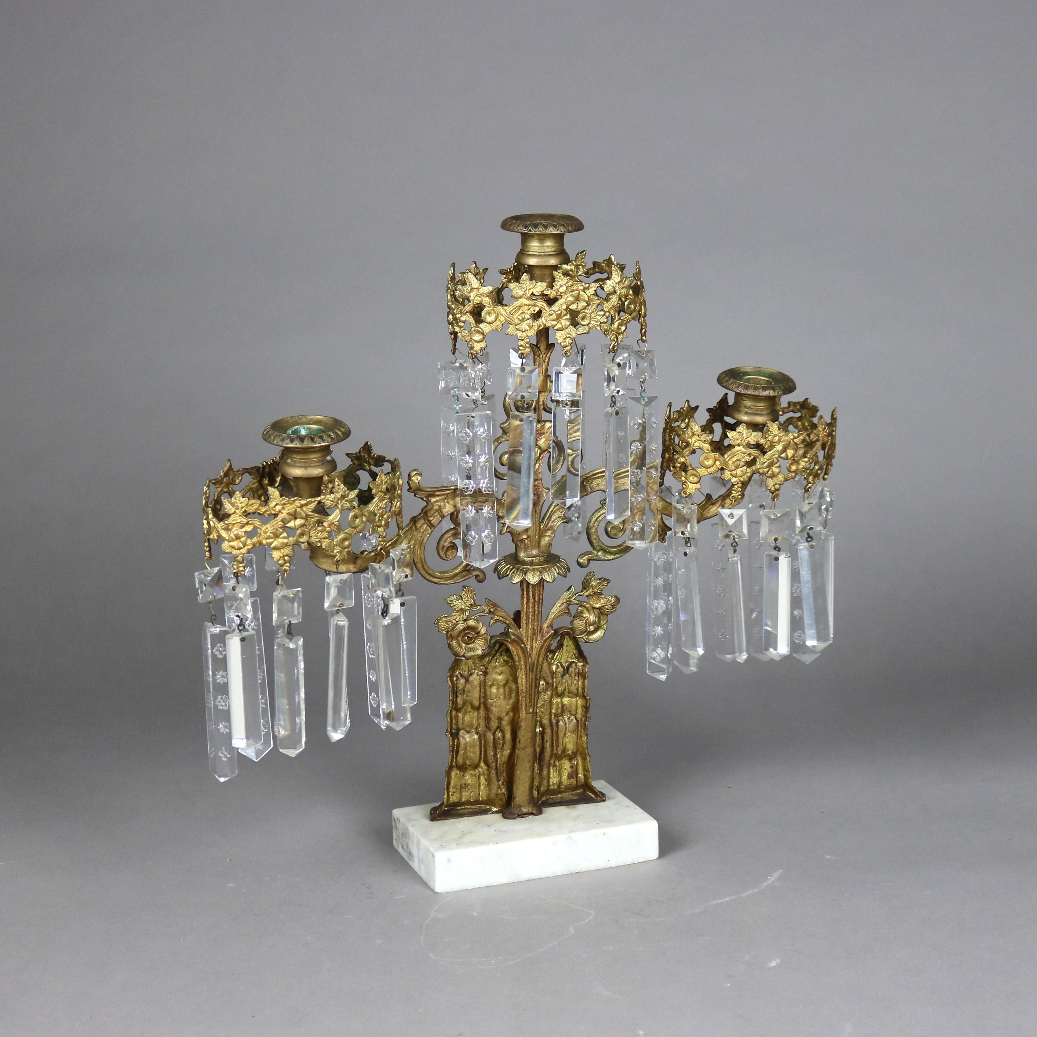 Antique Brass, Marble & Crystal Girandole Candelabra with Bigelow Chapel c1890 4