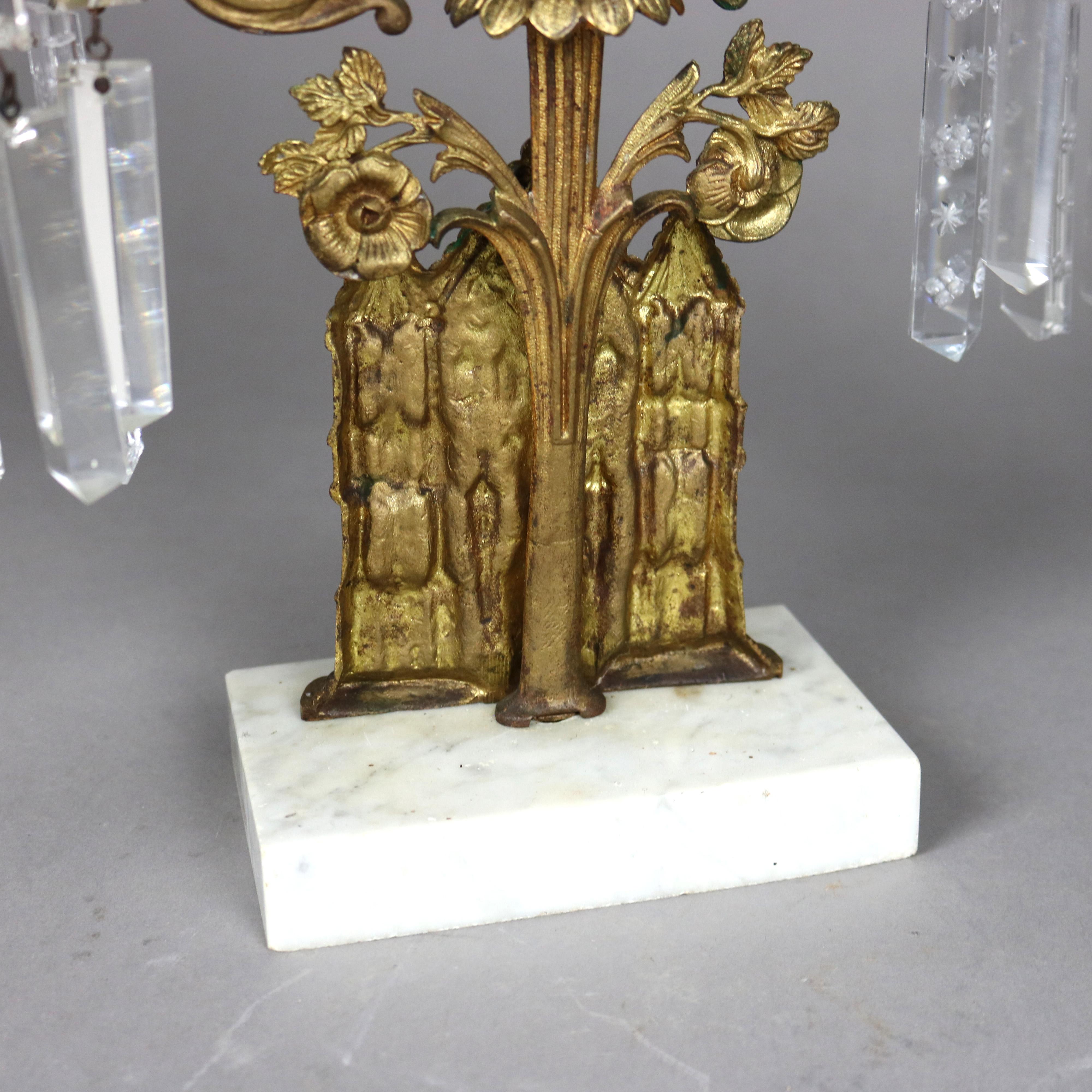 Antique Brass, Marble & Crystal Girandole Candelabra with Bigelow Chapel c1890 5