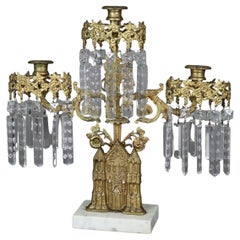 Antique Brass, Marble & Crystal Girandole Candelabra with Bigelow Chapel c1890