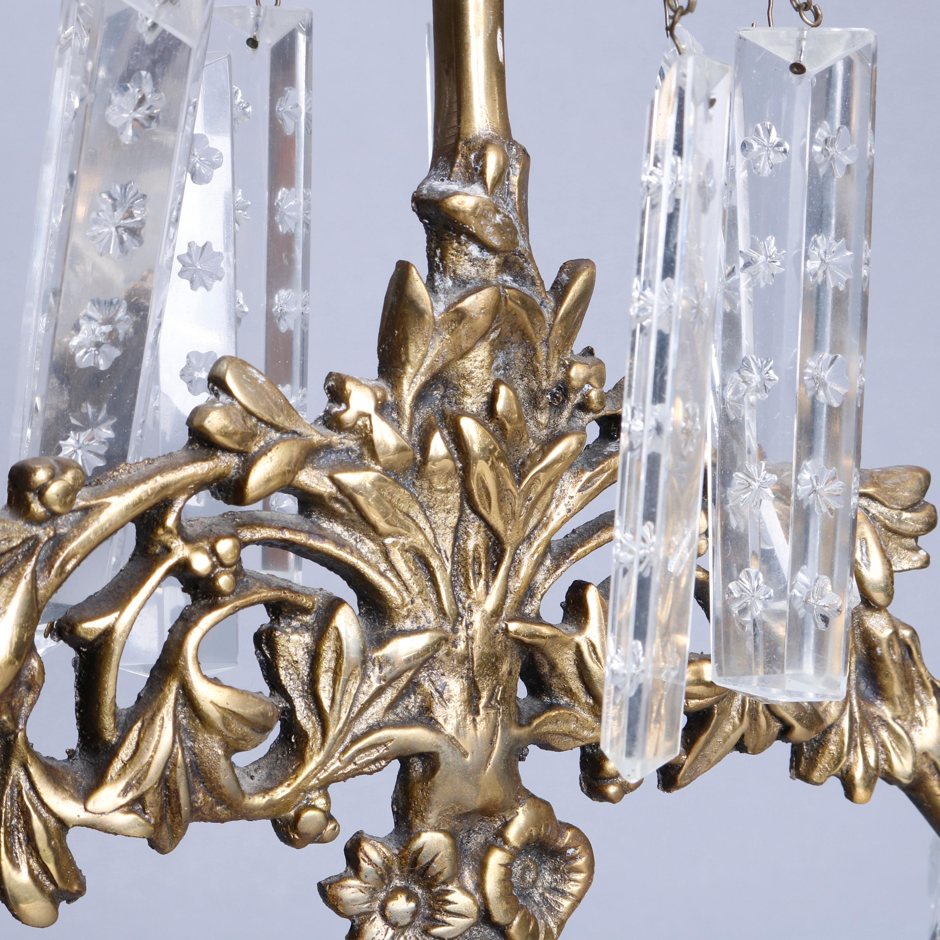 French Brass, Marble & Crystal Panier de Fleurs Girandole Candelabra Set, circa 1880