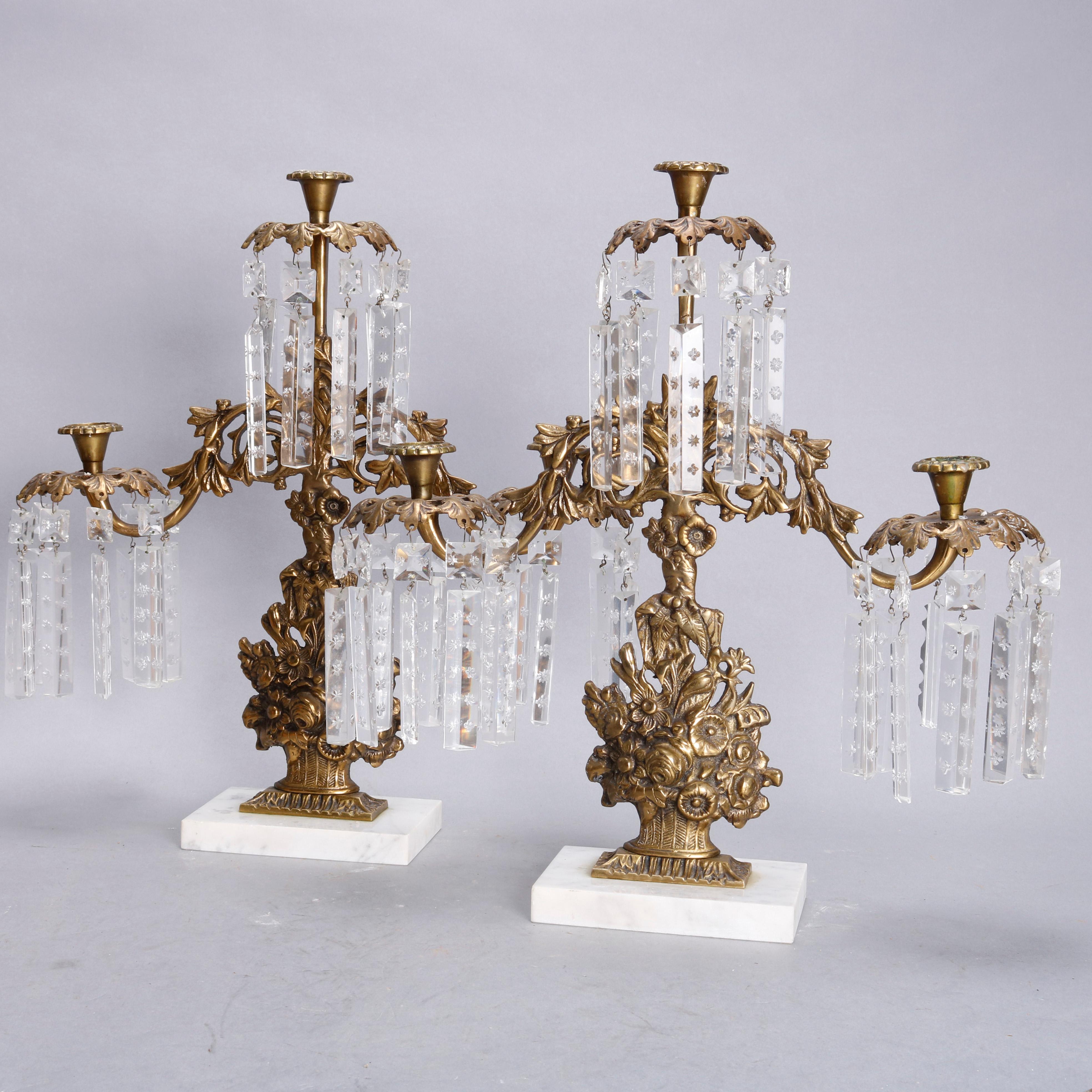 Cast Brass, Marble & Crystal Panier de Fleurs Girandole Candelabra Set, circa 1880
