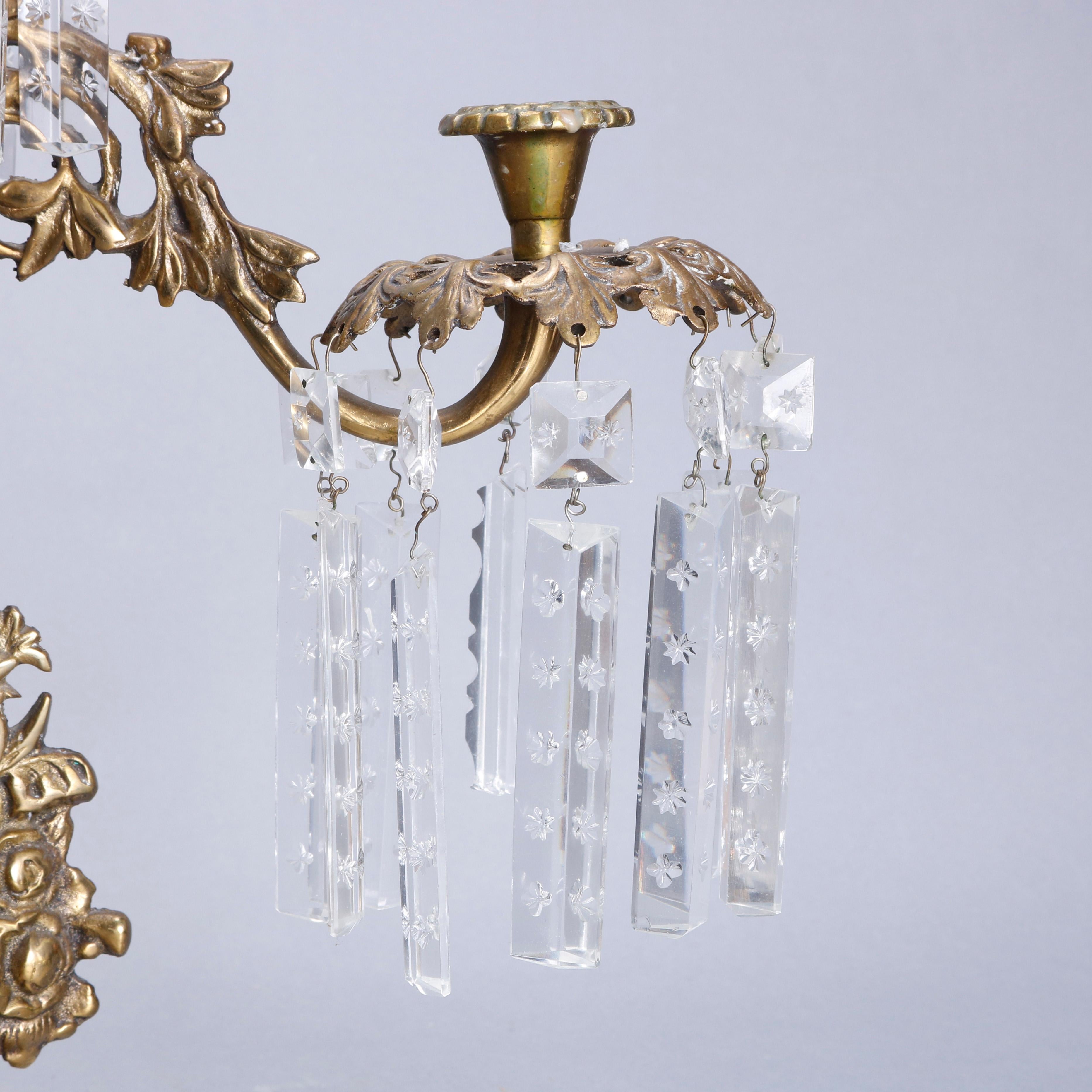 Brass, Marble & Crystal Panier de Fleurs Girandole Candelabra Set, circa 1880 In Good Condition In Big Flats, NY