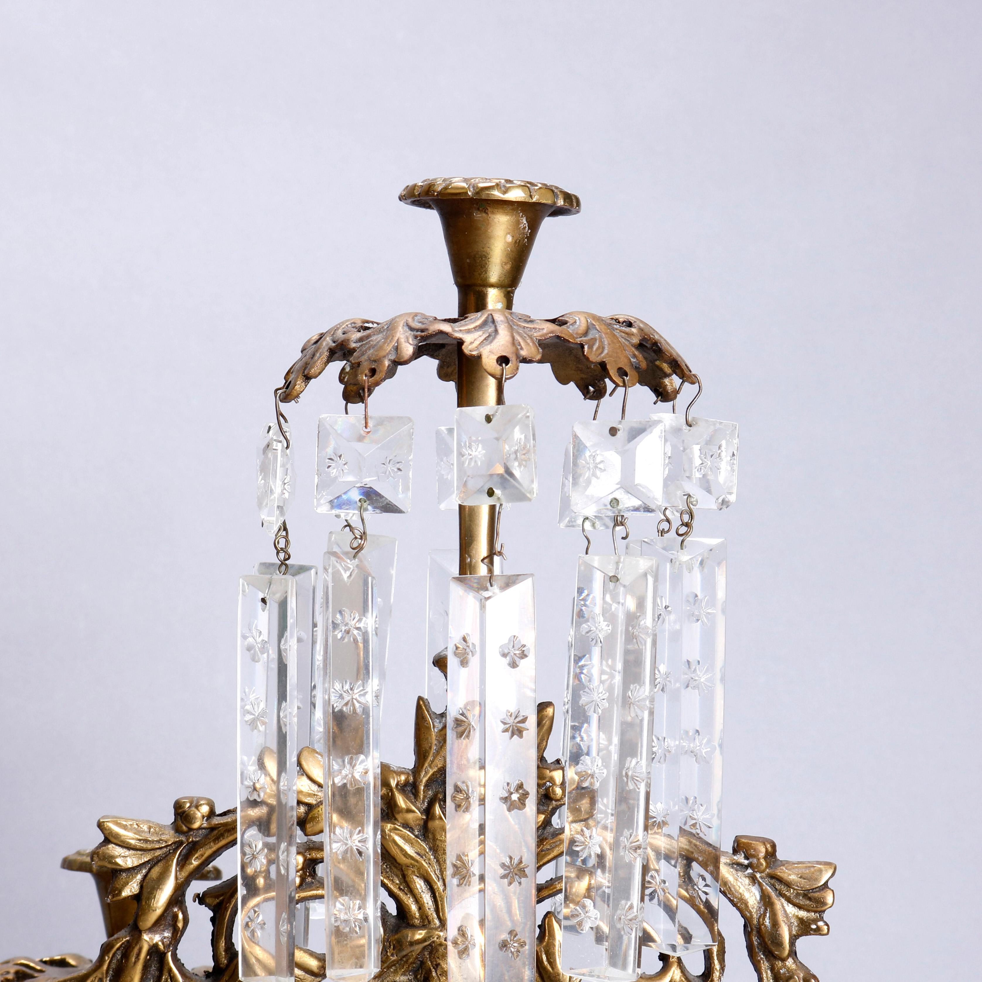 19th Century Brass, Marble & Crystal Panier de Fleurs Girandole Candelabra Set, circa 1880