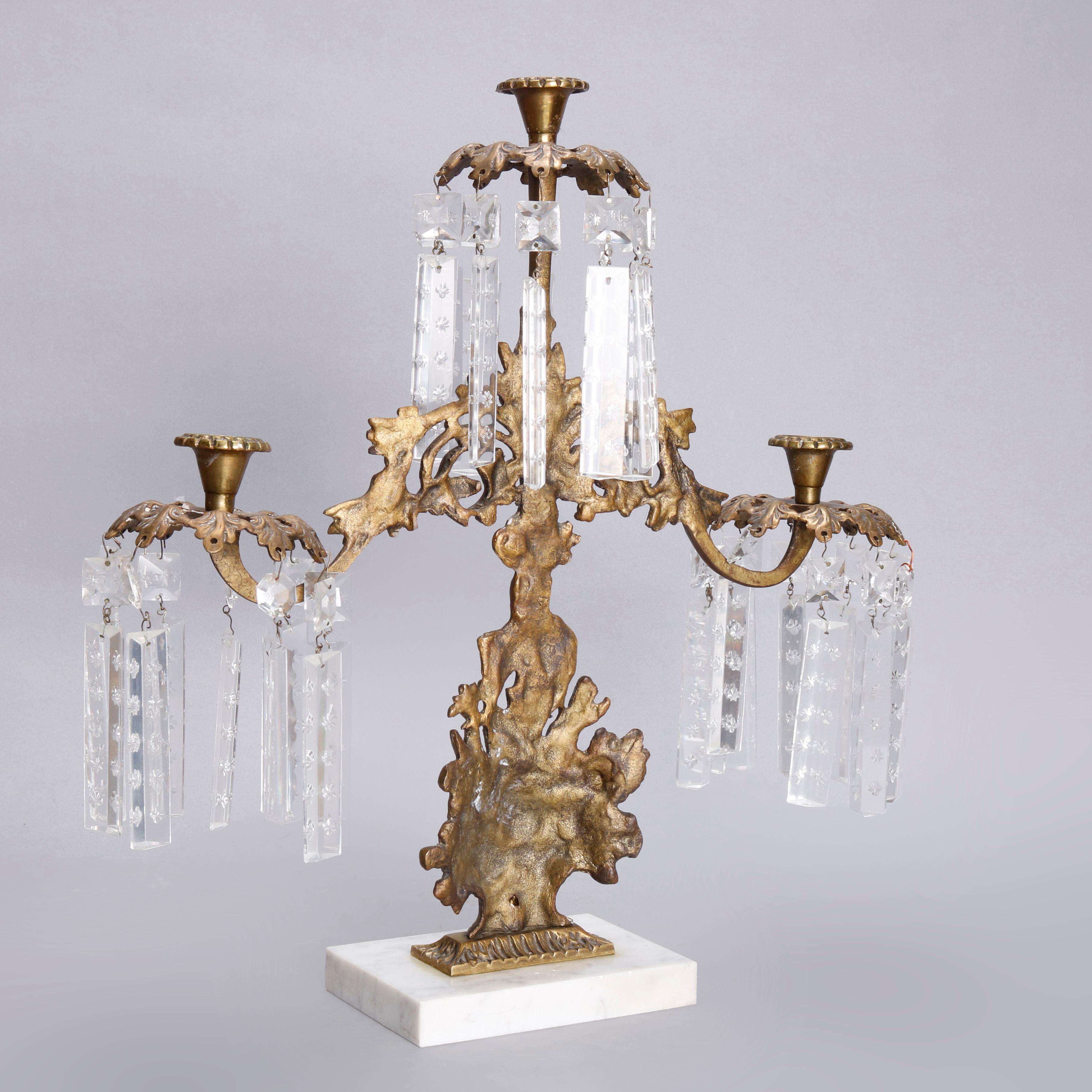 Brass, Marble & Crystal Panier de Fleurs Girandole Candelabra Set, circa 1880 3