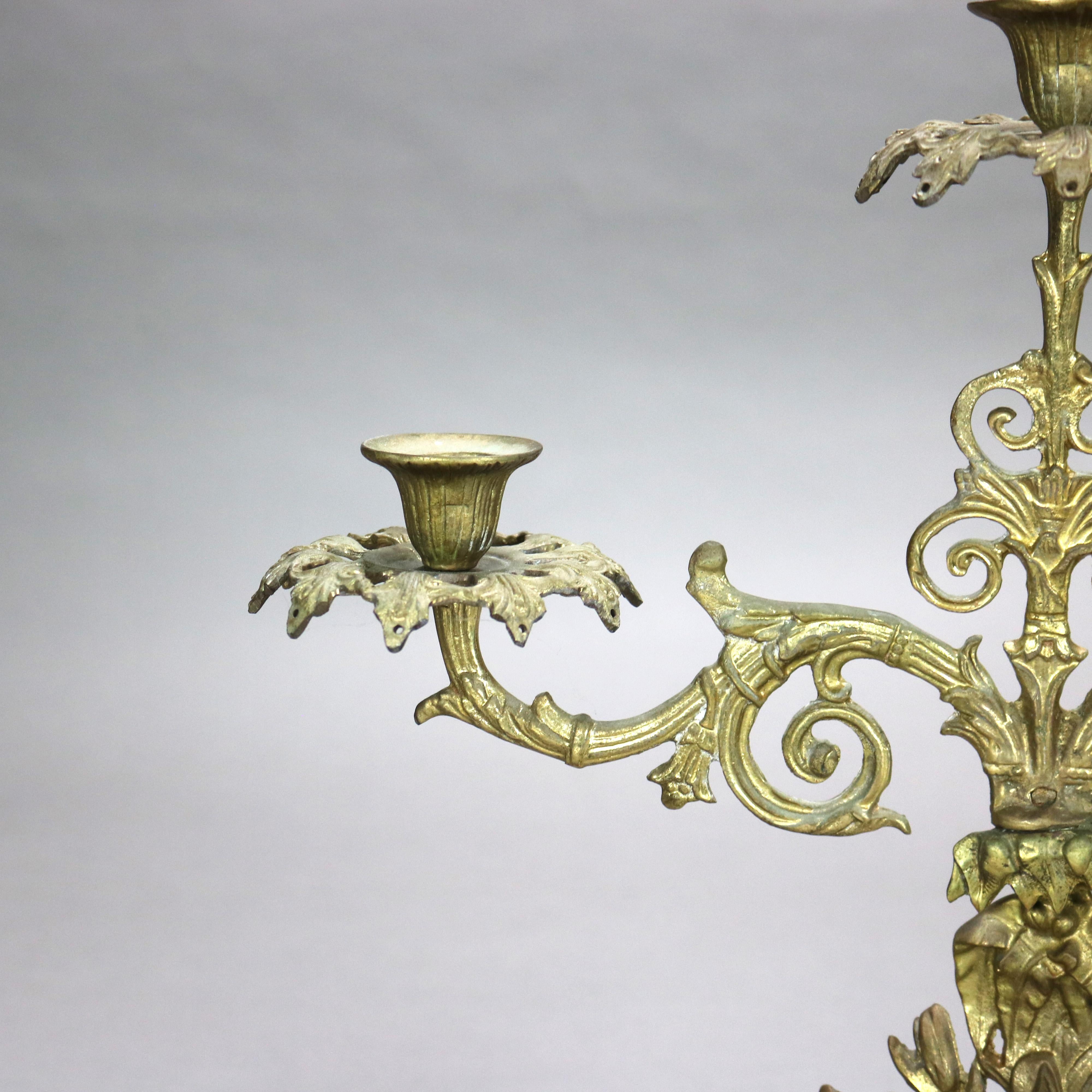 Antique Brass & Marble Girandole Candelabra with Basket of Flowers C1890 In Good Condition For Sale In Big Flats, NY
