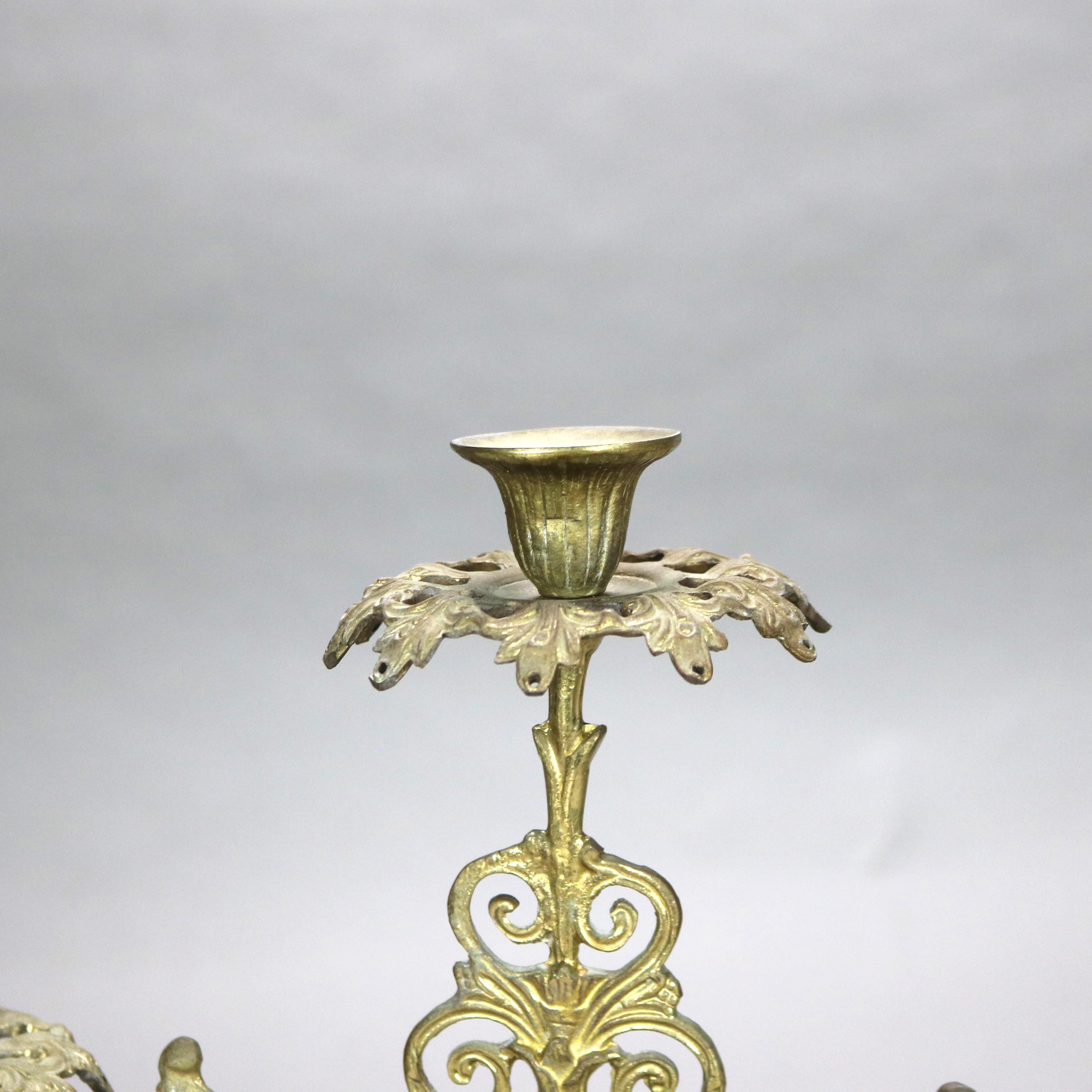 19th Century Antique Brass & Marble Girandole Candelabra with Basket of Flowers C1890 For Sale