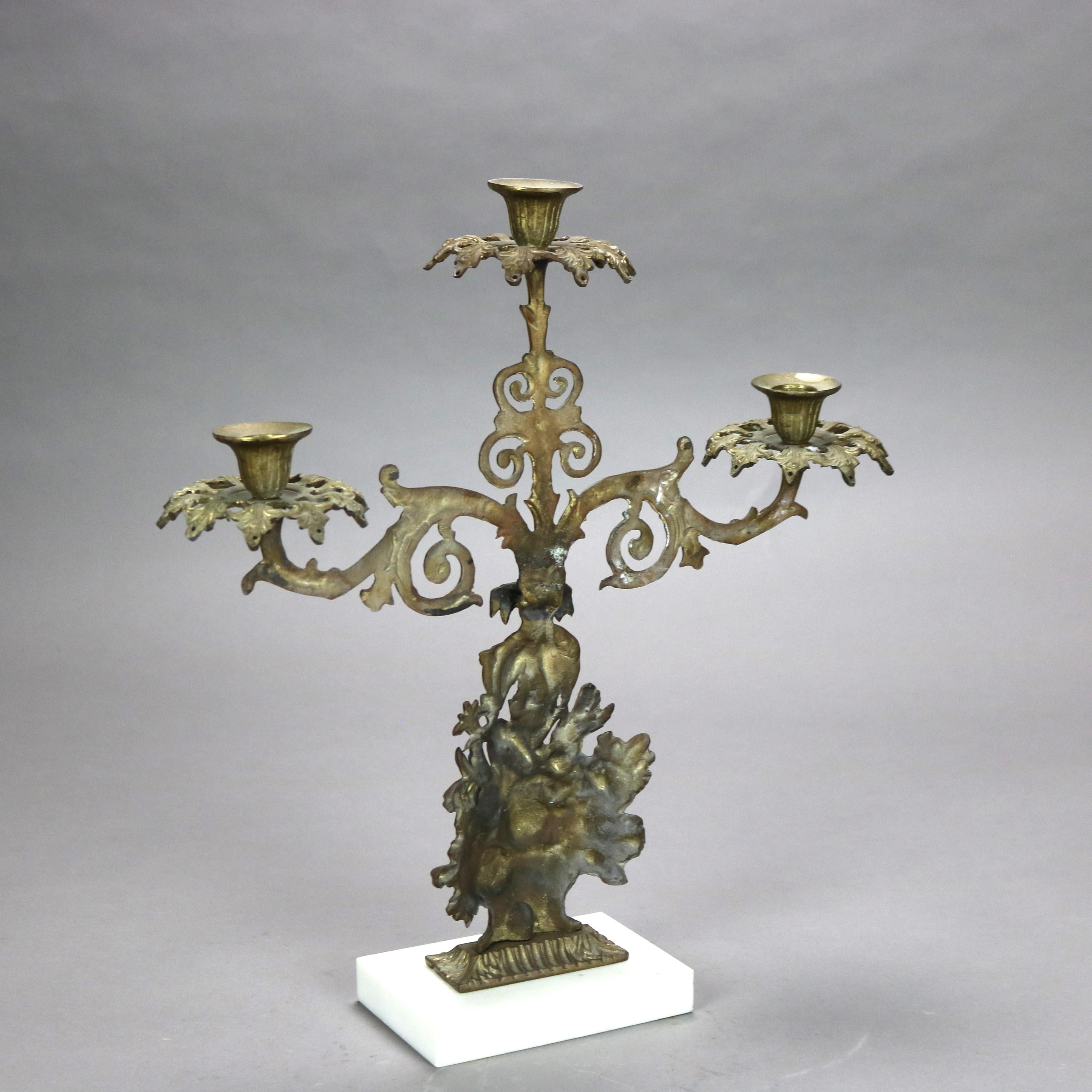 Antique Brass & Marble Girandole Candelabra with Basket of Flowers C1890 For Sale 2