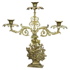 Antique Brass & Marble Girandole Candelabra with Basket of Flowers C1890