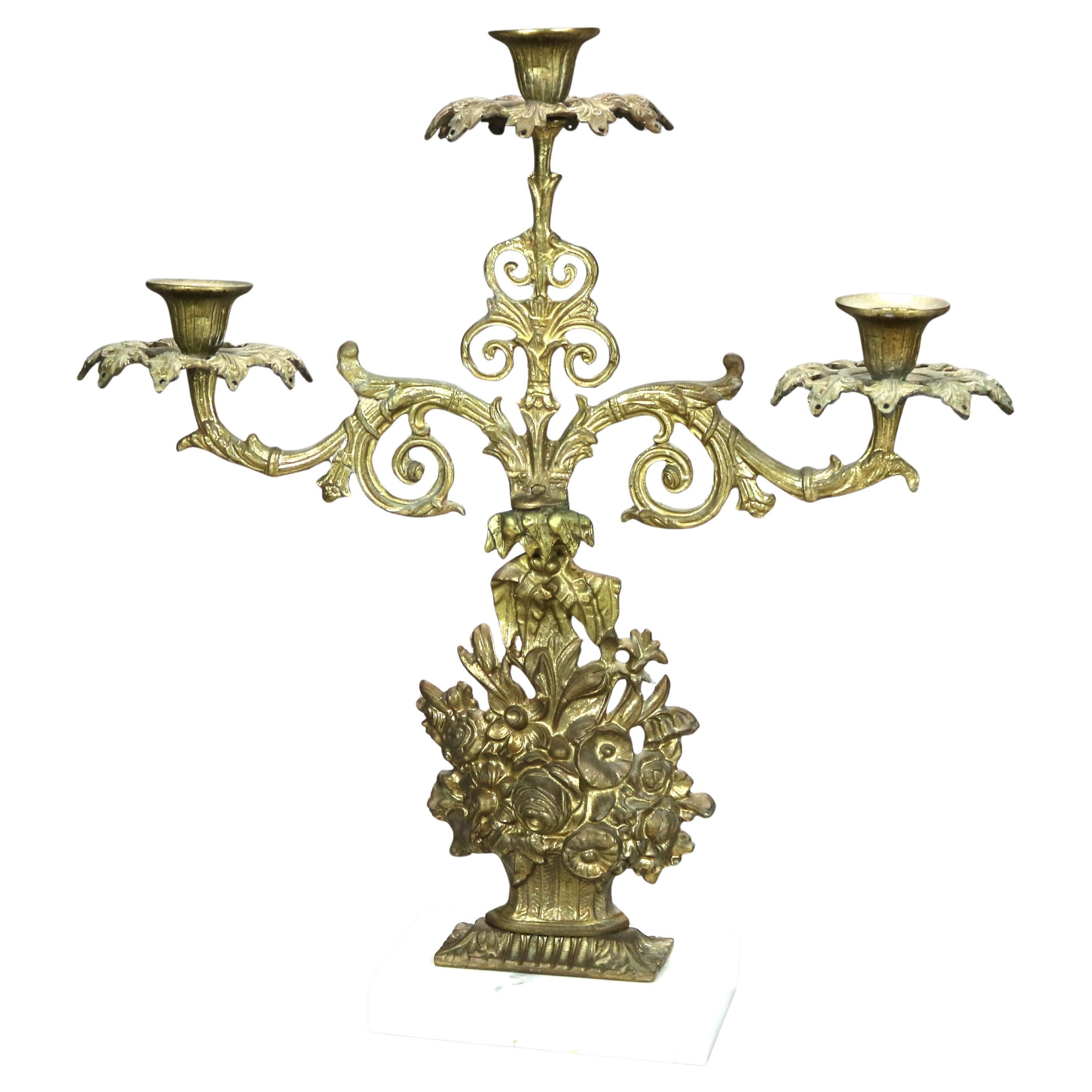 Candélabre Girandole ancien en laiton et marbre avec panier de fleurs C1890