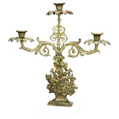 Antiguo Candelabro Girandole de Latón y Mármol con Cesta de Flores C1890