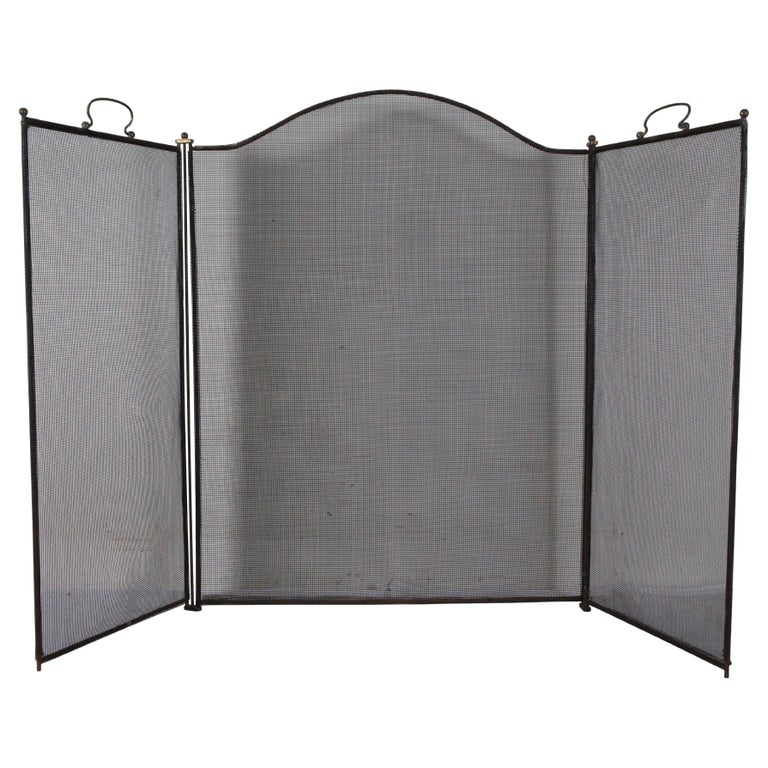 Antique Brass and Mesh 3 Panel Arched Fireplace Folding Fire Screen