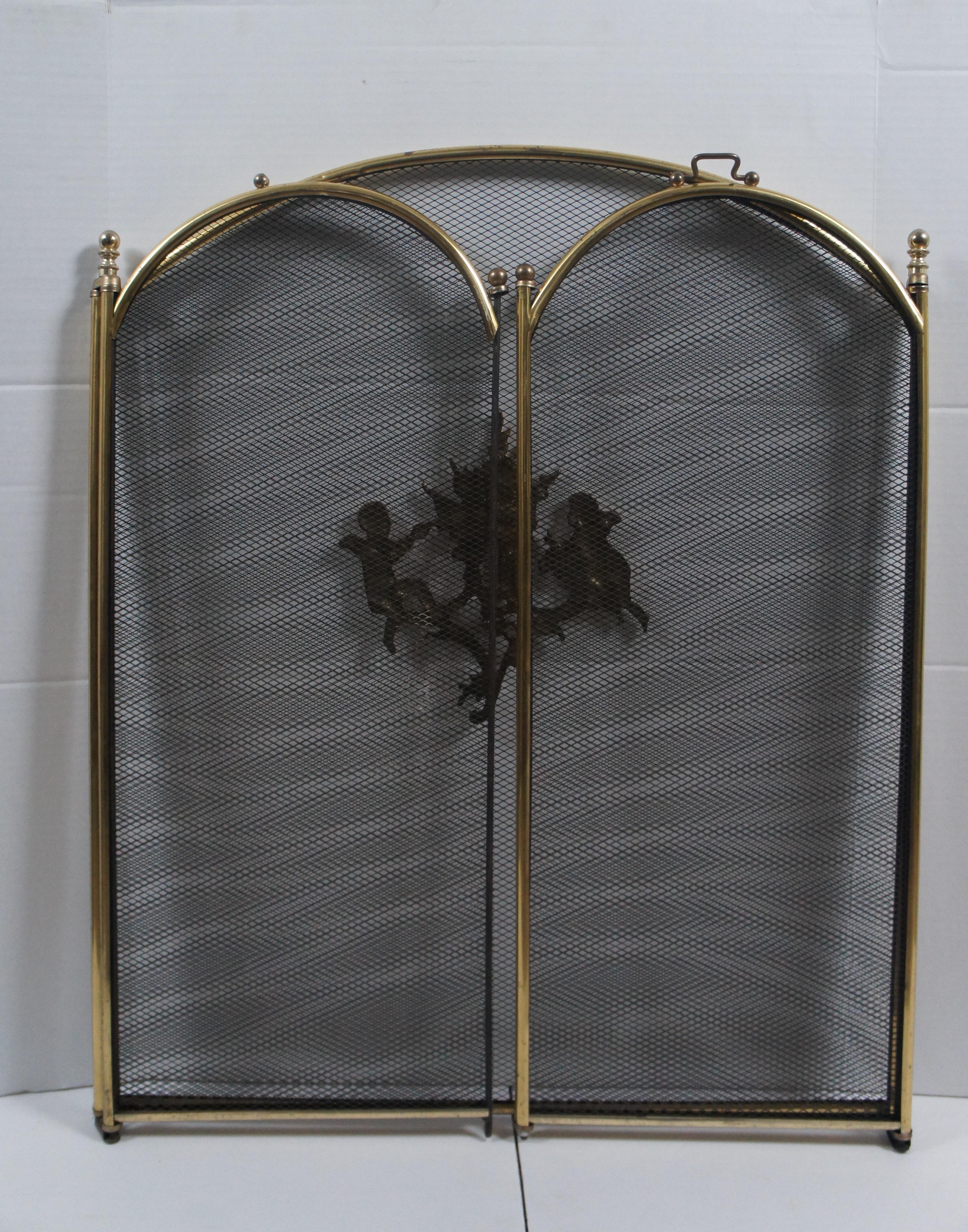 Antique Brass & Mesh 3 Panel Cherub Folding Fireplace Screen Hearthware 50