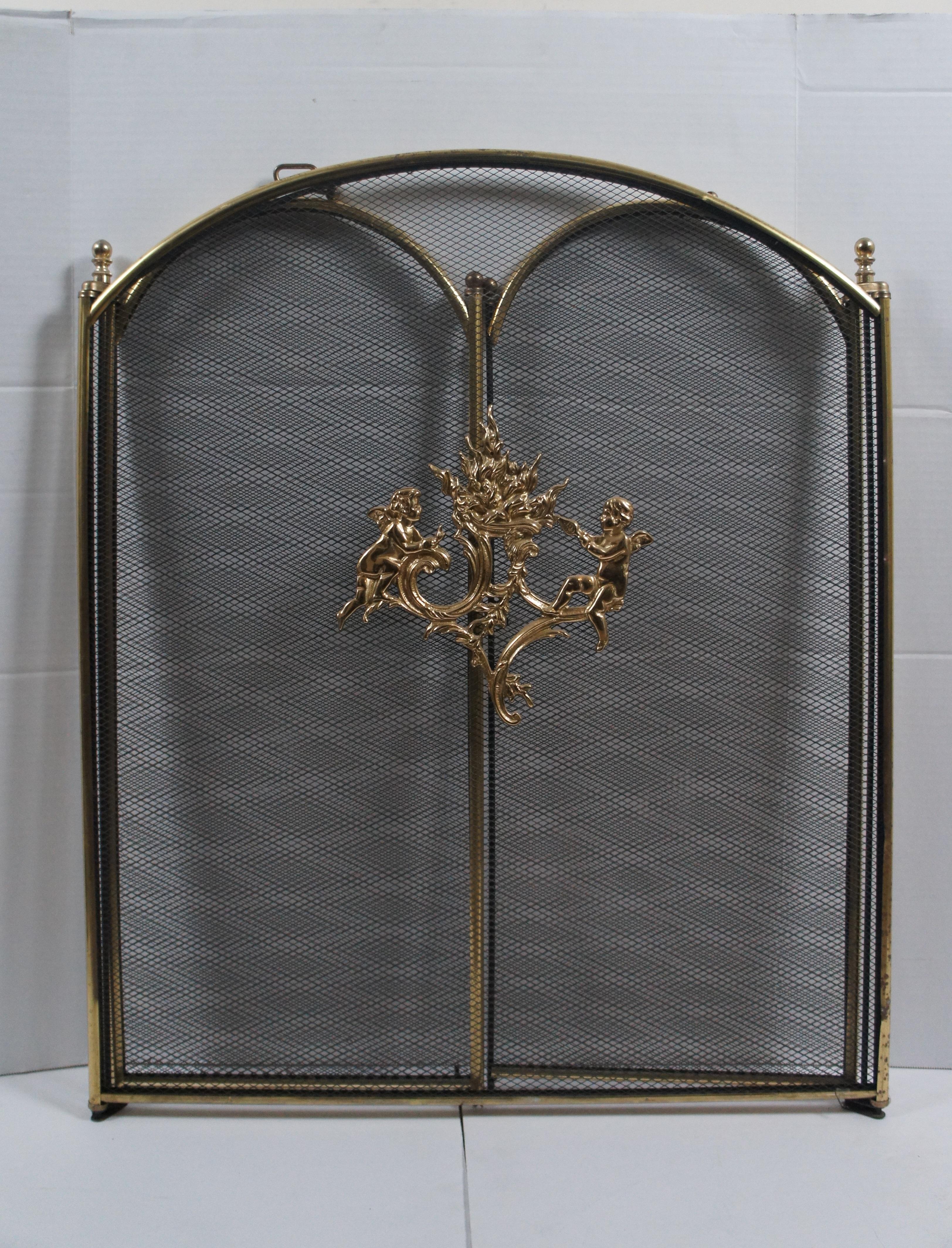 Antique Brass & Mesh 3 Panel Cherub Folding Fireplace Screen Hearthware 50