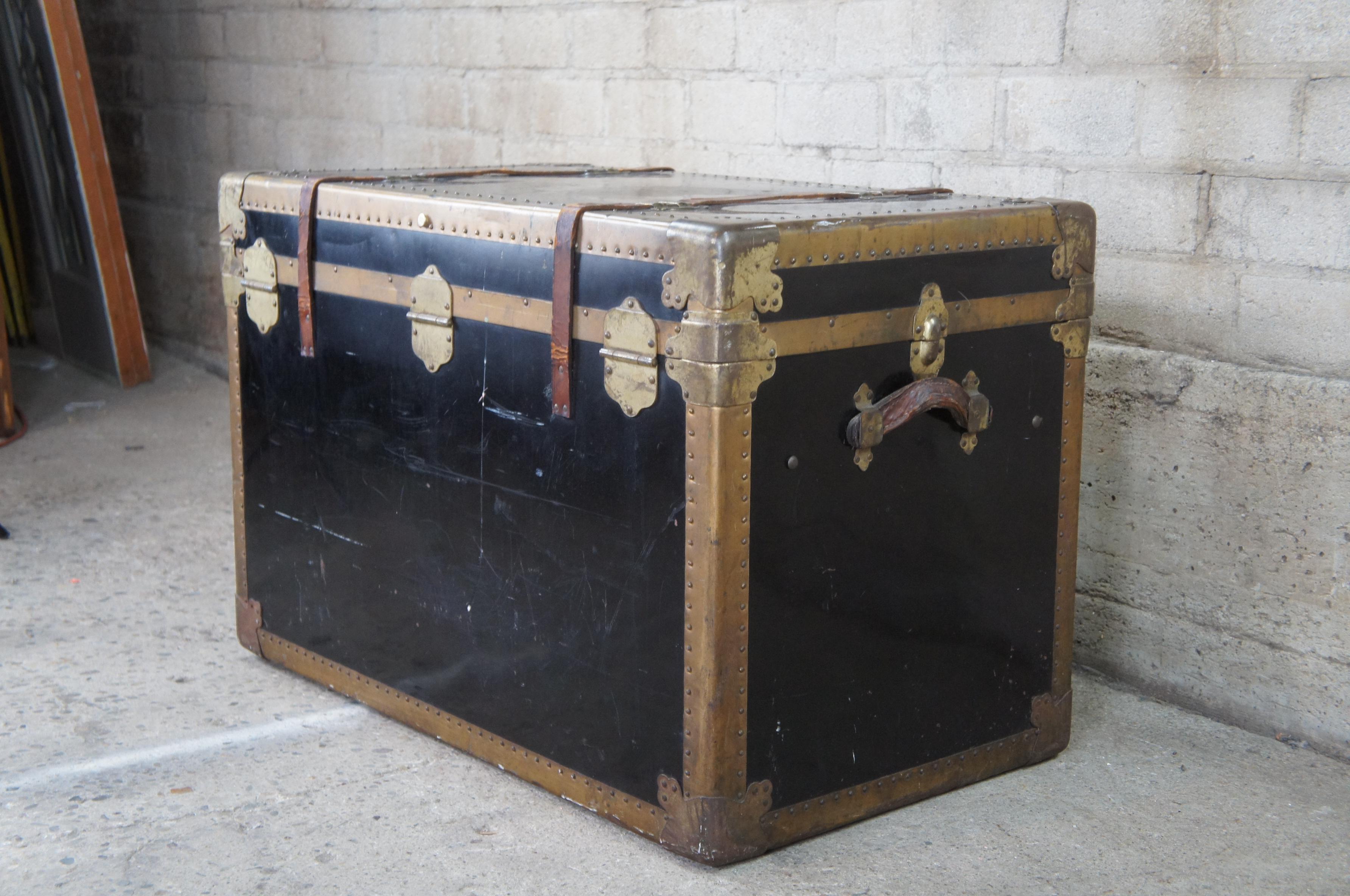 Antique Brass & Metal Victorian Steamer Trunk Wardrobe Travel Chest Foot Locker 6