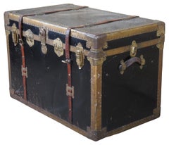 Antique Brass & Metal Victorian Steamer Trunk Wardrobe Travel Chest Foot Locker