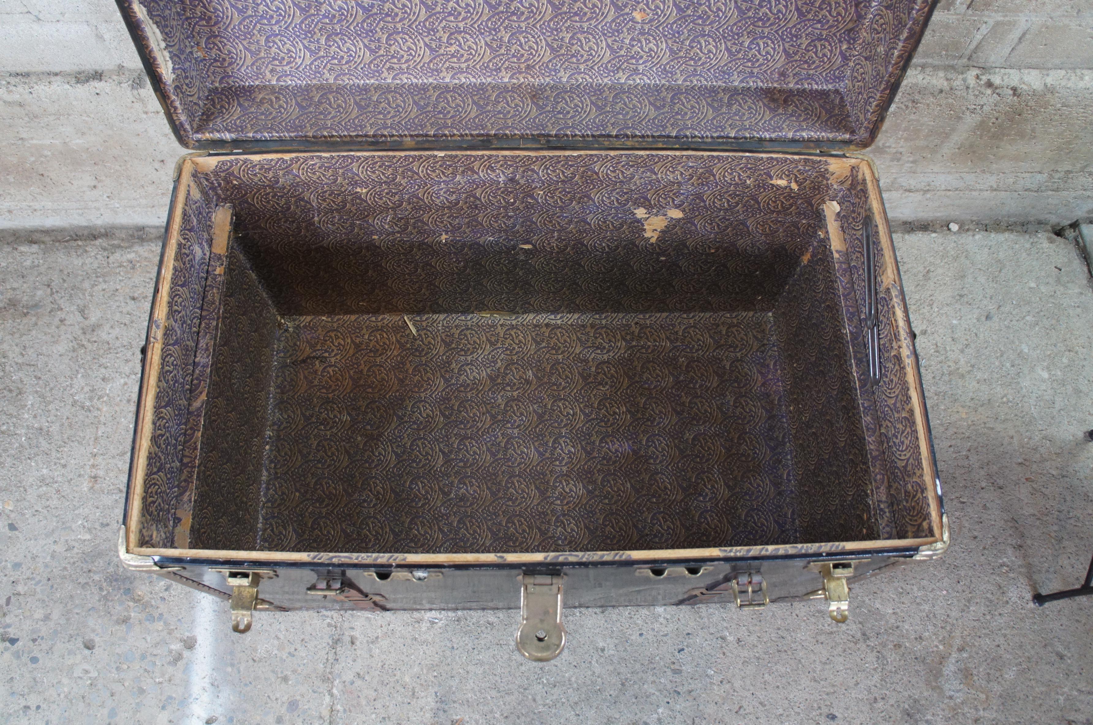 19th Century Antique Brass & Metal Victorian Steamer Trunk Wardrobe Travel Chest Foot Locker