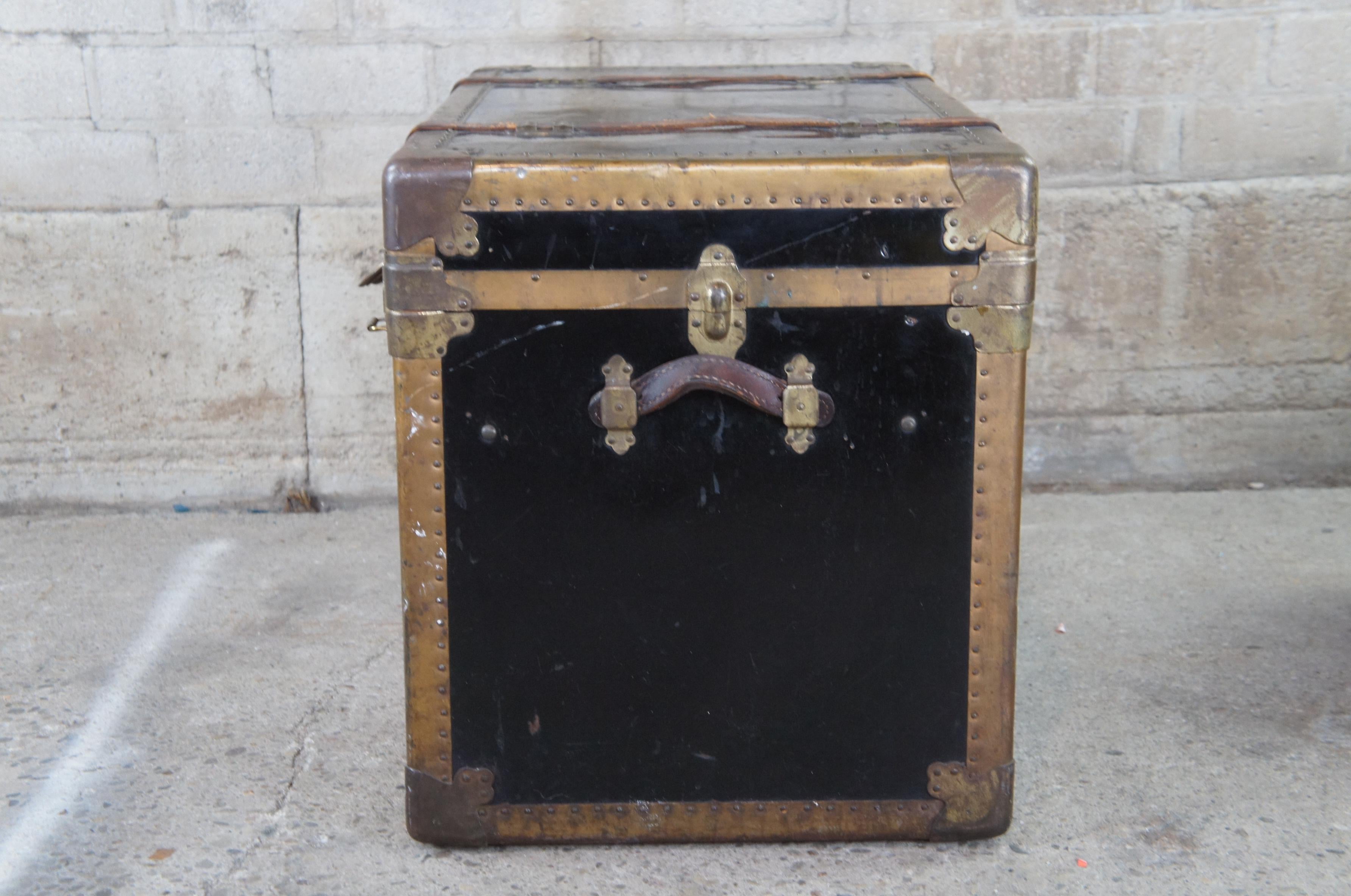Antique Brass & Metal Victorian Steamer Trunk Wardrobe Travel Chest Foot Locker 2