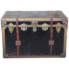 Antique Brass & Metal Victorian Steamer Trunk Wardrobe Travel Chest Foot Locker