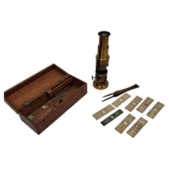 Antique Brass Microscope in a Wooden Case, 1880