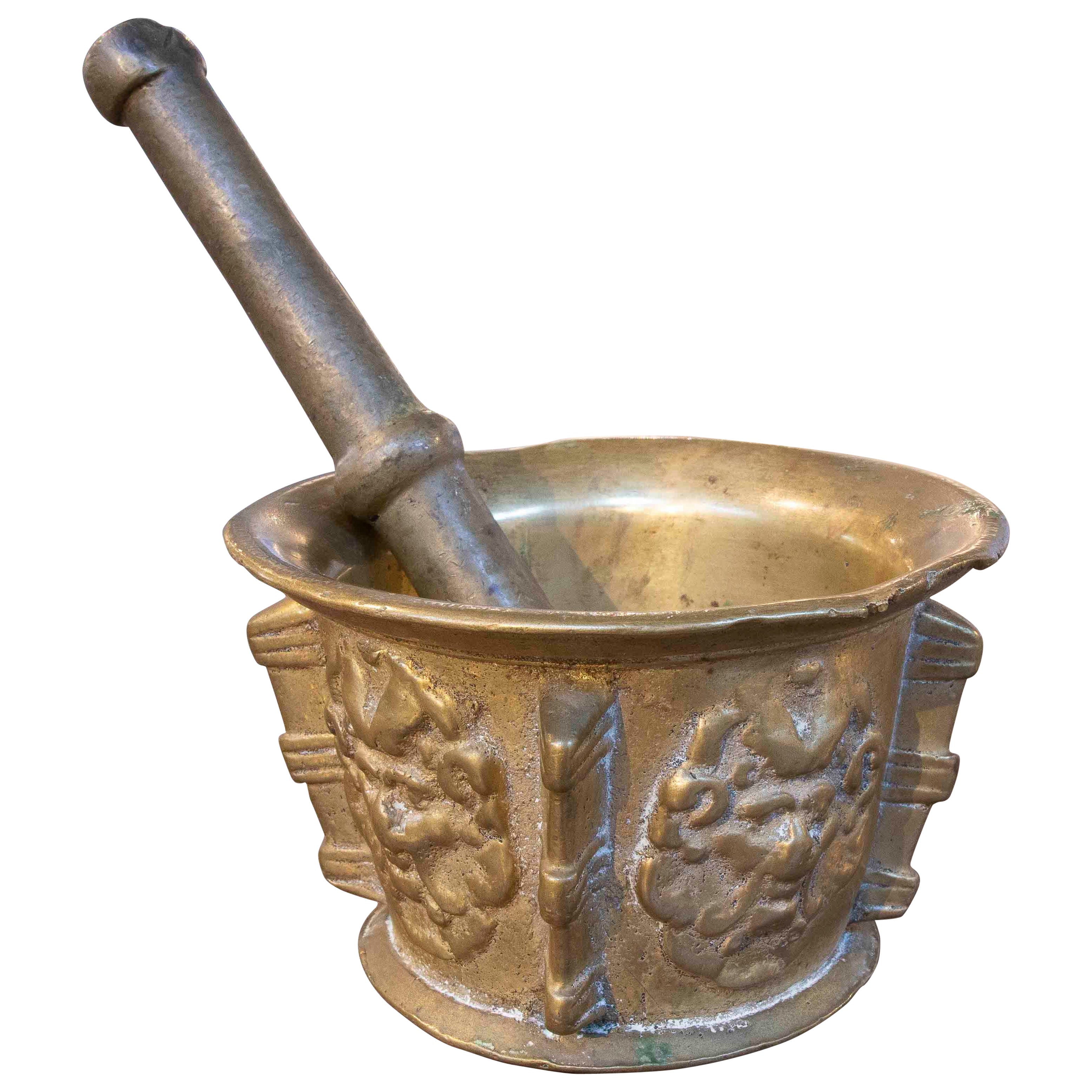 Antique Brass Mortar and Pestle with Classic Reliefs, 1950 For Sale
