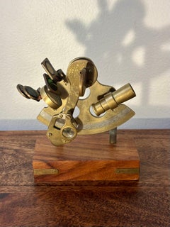 Antique Brass Nautical Sextant on Hardwood Display Stand, Maritime Instrument