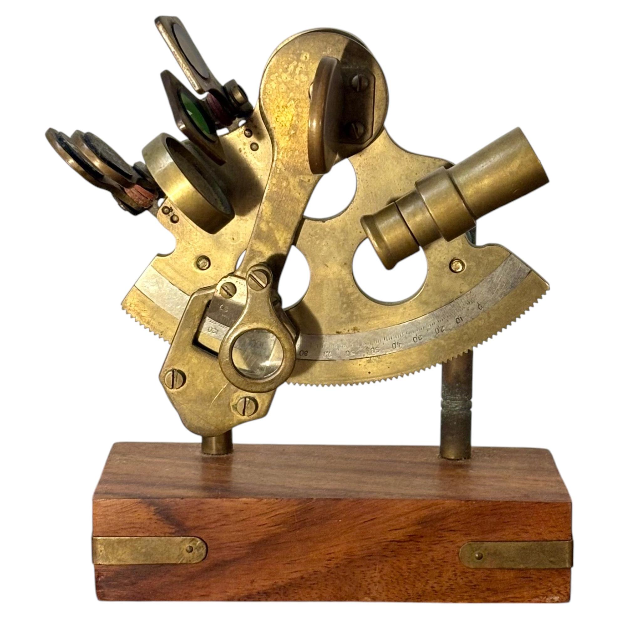 Antique Brass Nautical Sextant on Hardwood Display Stand, Maritime Instrument