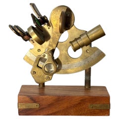 Antique Brass Nautical Sextant on Hardwood Display Stand, Maritime Instrument