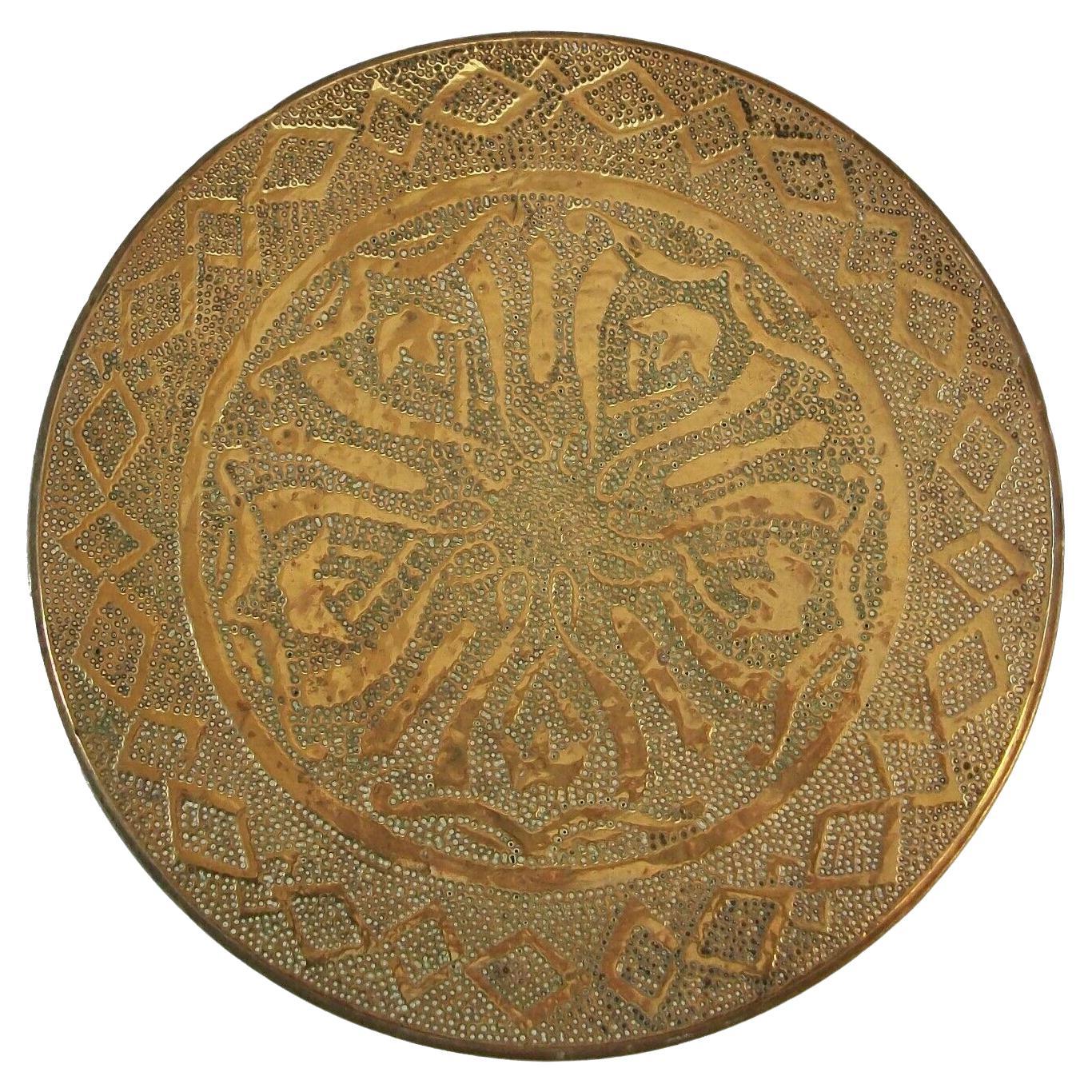Antique Brass Needle Embossed Trivet with Tulips, United States, Circa 1910