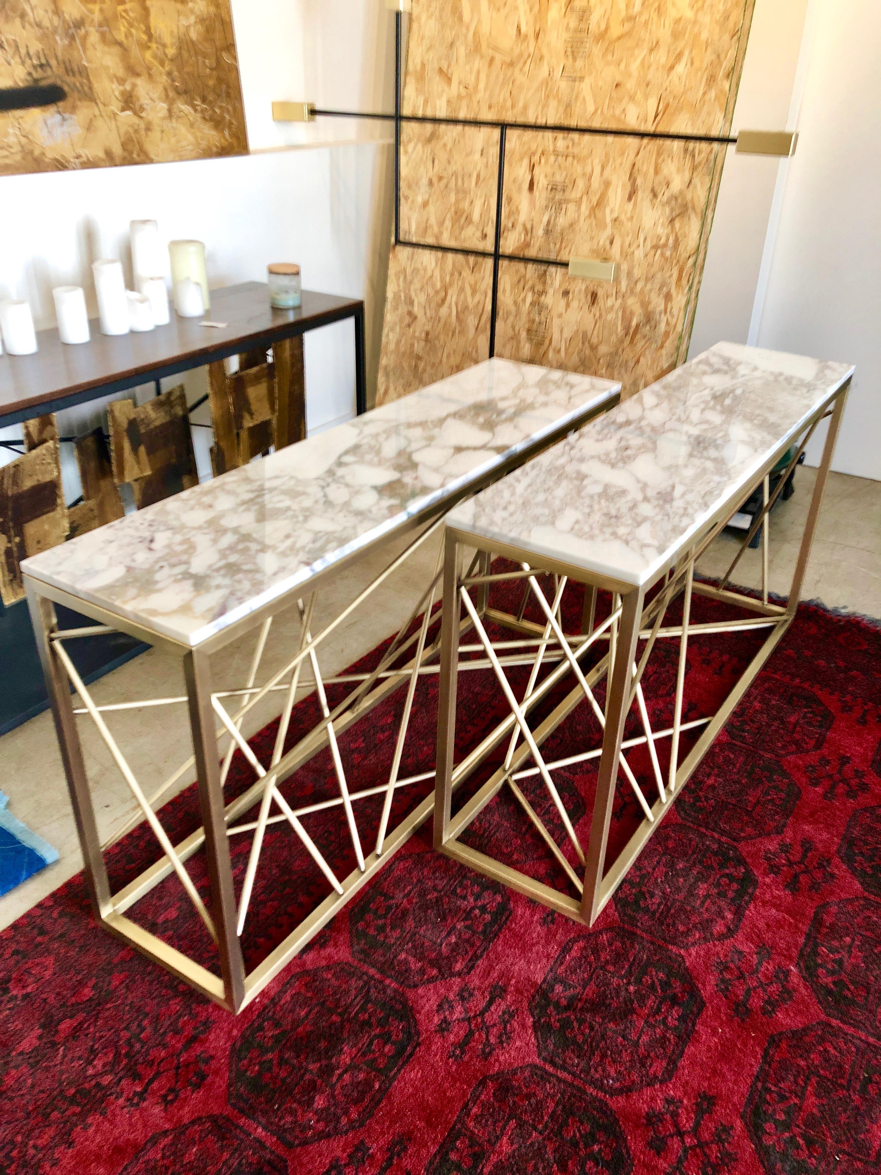 Canadian Antique Brass Nest Console, steel and marble, custom table For Sale