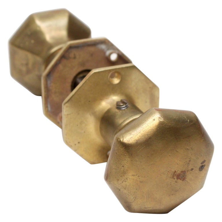 Antique Brass Octagon Entry Door Knob Set with Original Patina For Sale