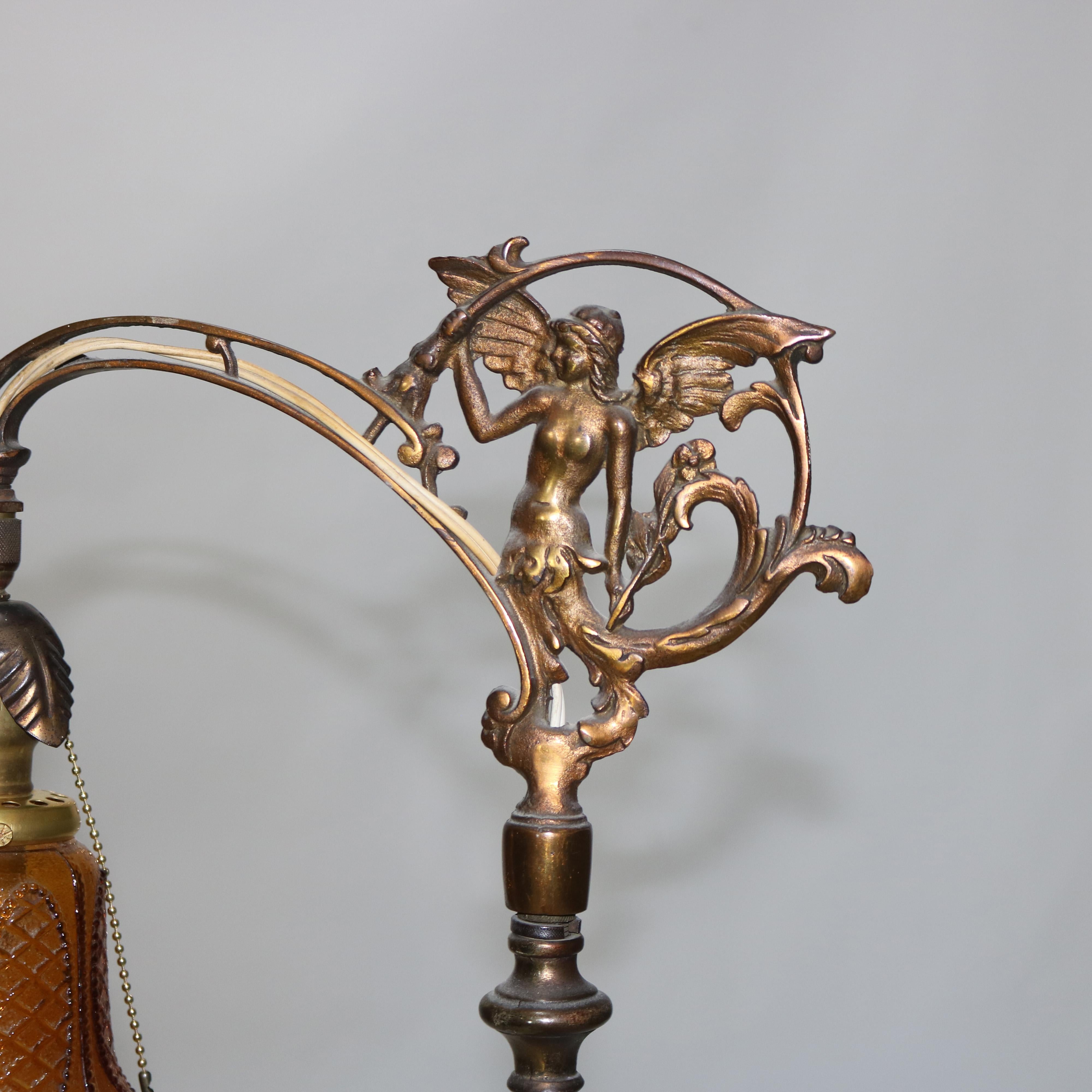 Antique Brass & Onyx Figural Gooseneck Bridge Lamp with Amber Glass Shade c1930 For Sale 5