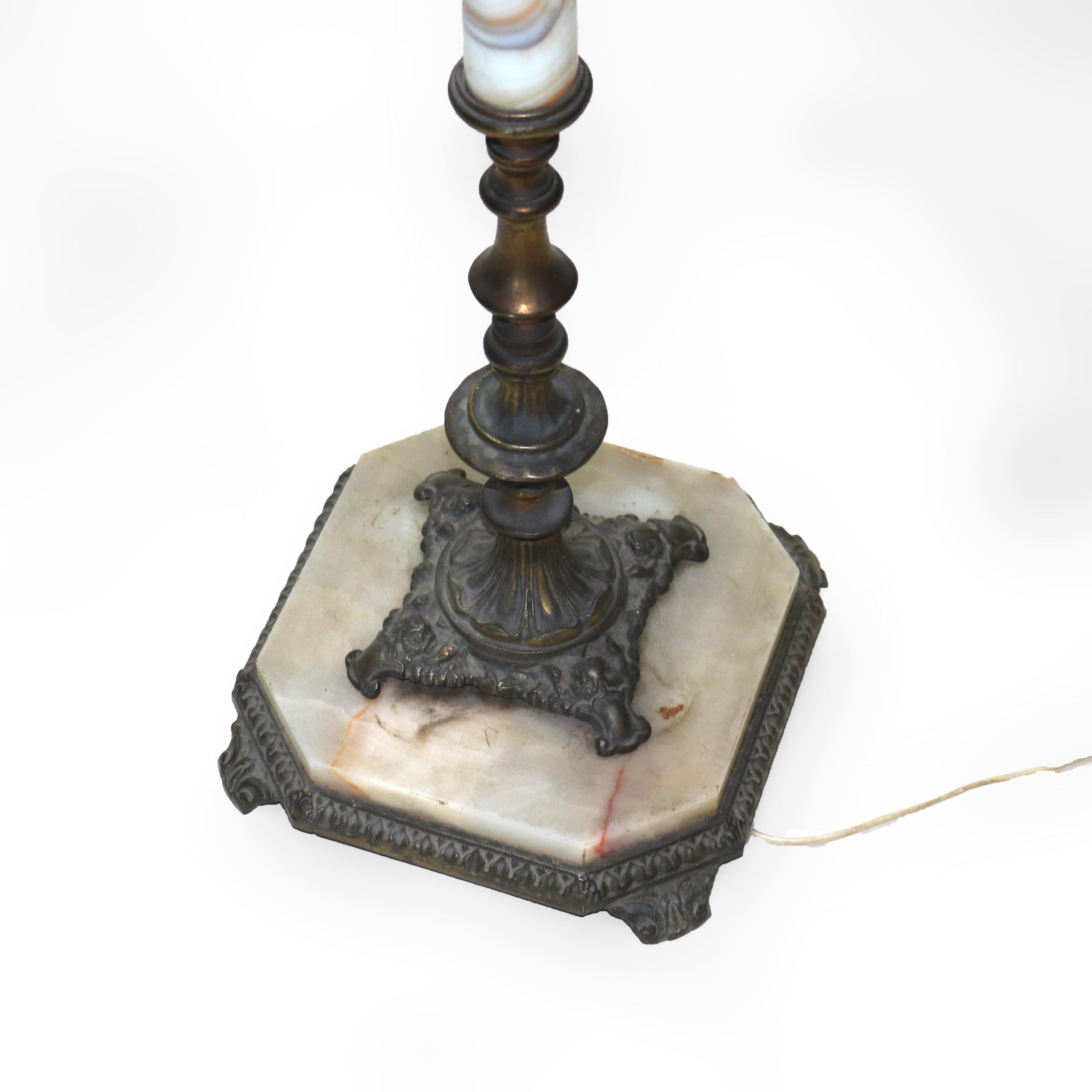 Antique Brass & Onyx Figural Gooseneck Bridge Lamp with Amber Glass Shade c1930 For Sale 7