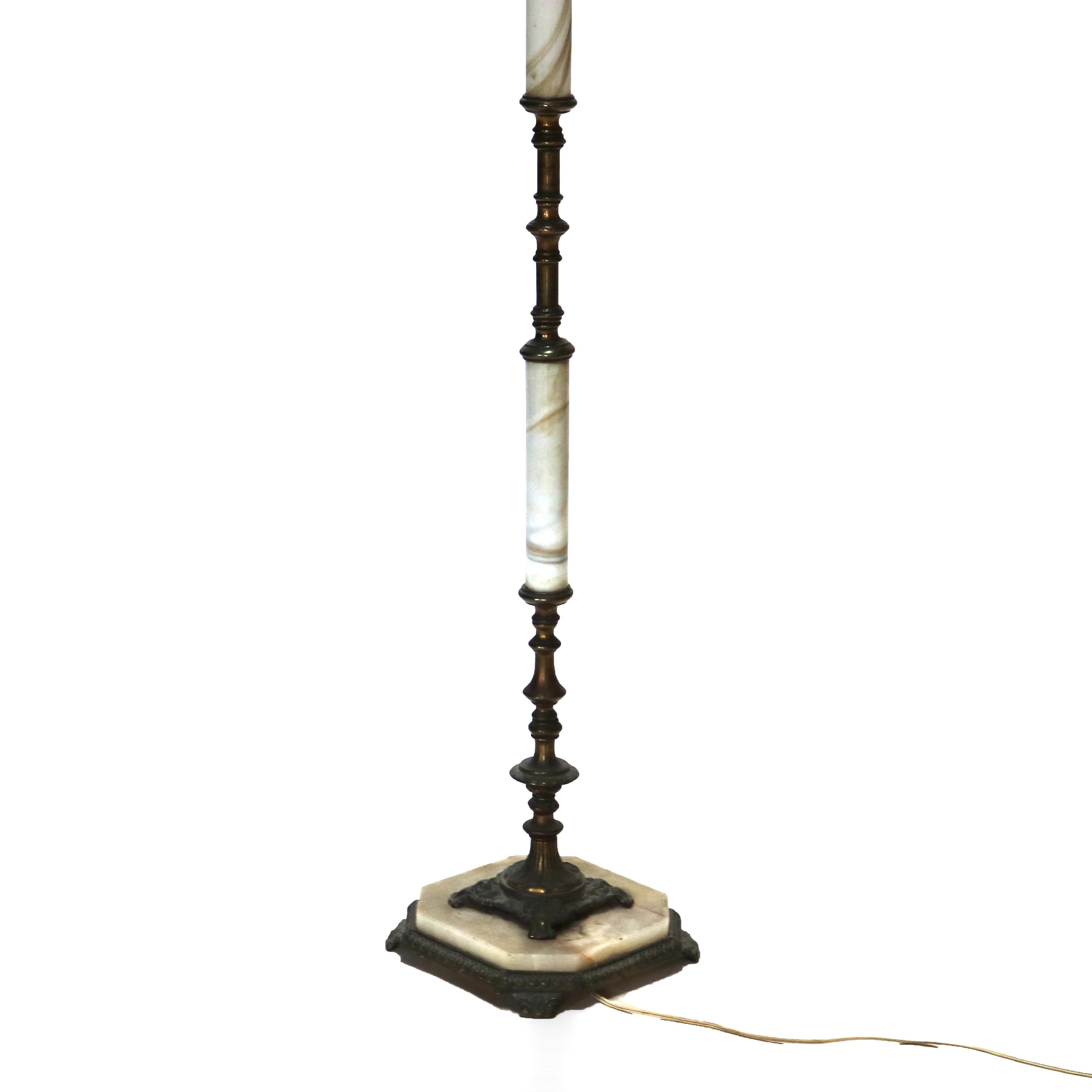 ***Reduced In-House Delivery Rates - Click on “Ask Seller” to Request a Quote***
Antique Brass & Onyx Figural Gooseneck Bridge Lamp with Amber Glass Shade c1930.   
62