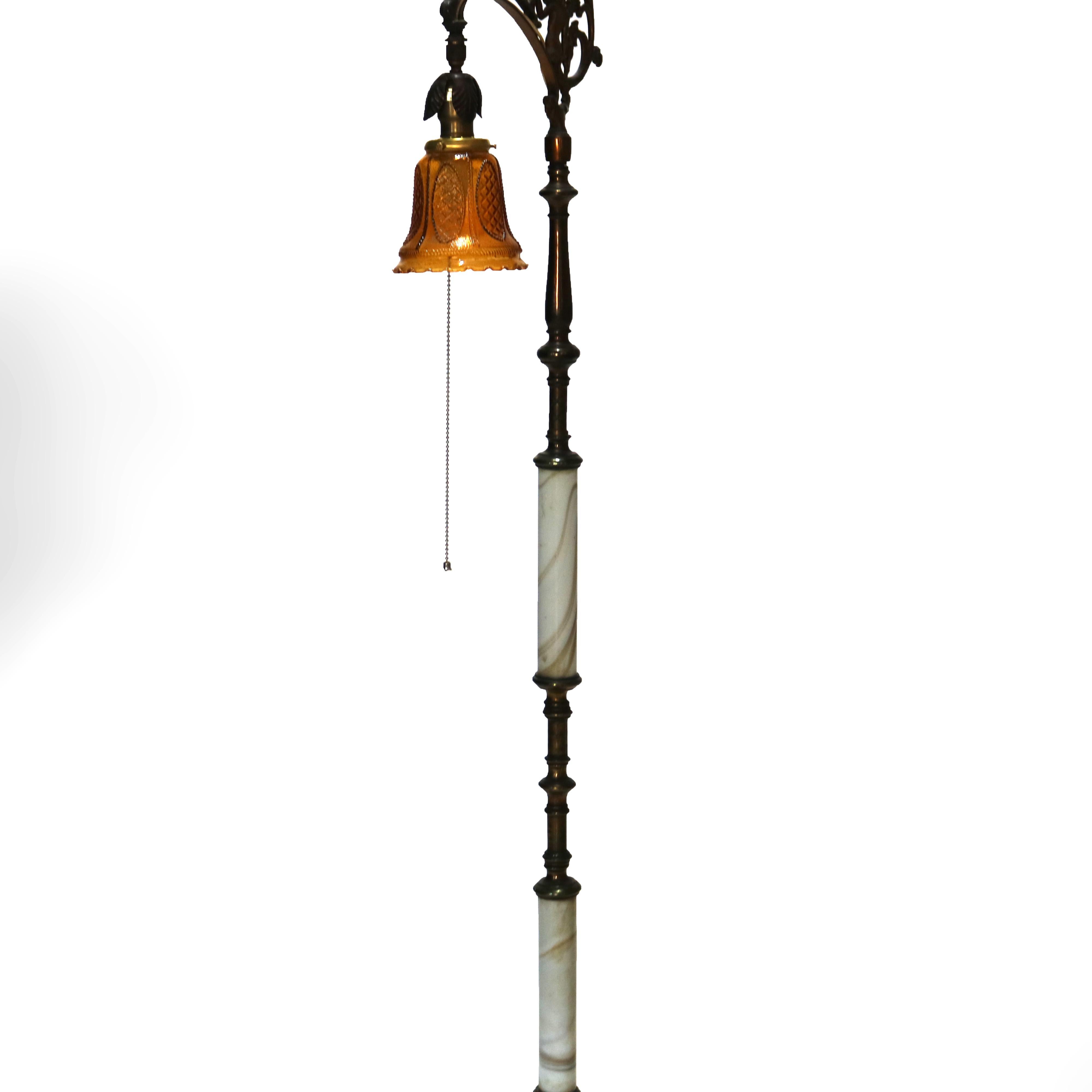 American Antique Brass & Onyx Figural Gooseneck Bridge Lamp with Amber Glass Shade c1930 For Sale