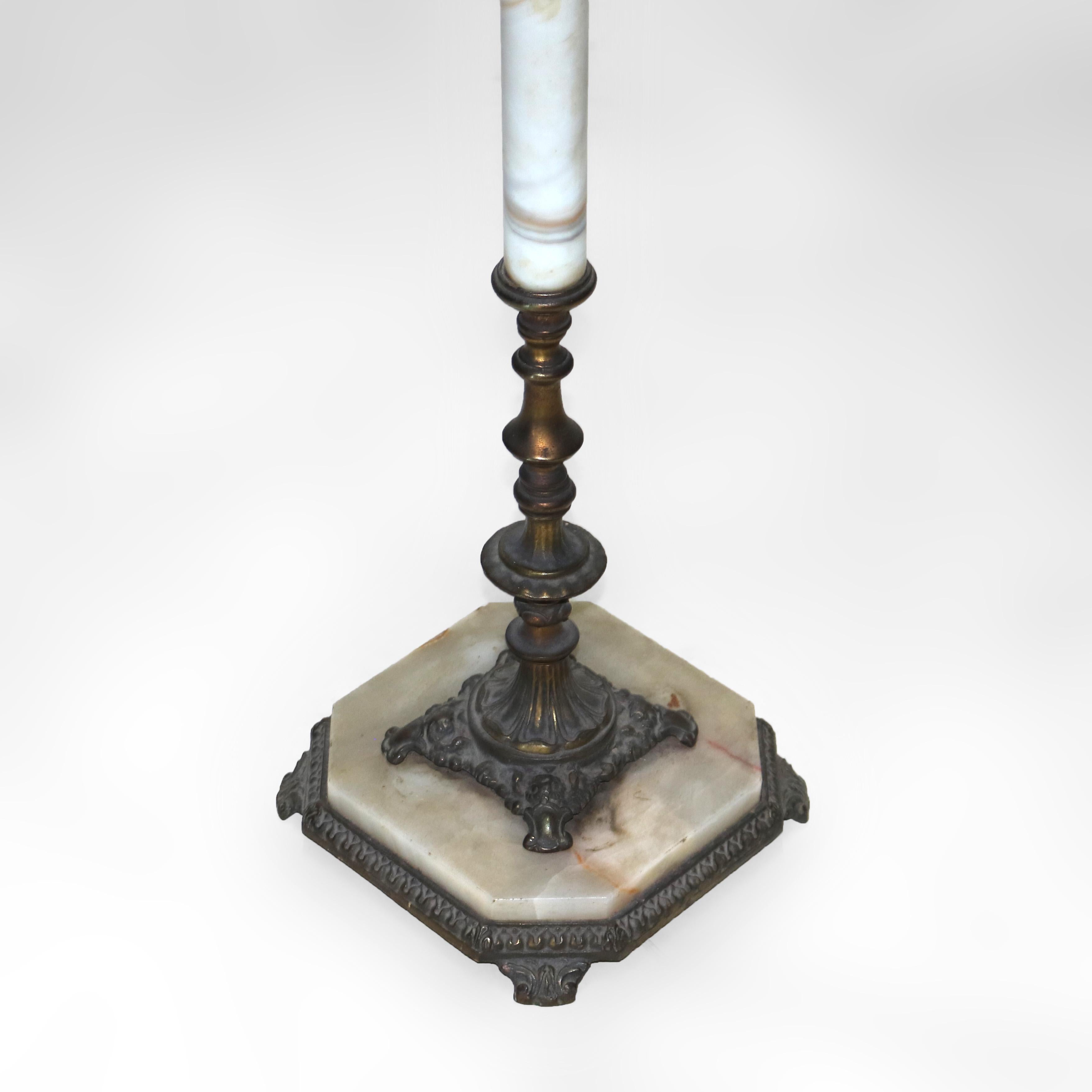 Antique Brass & Onyx Figural Gooseneck Bridge Lamp with Amber Glass Shade c1930 In Good Condition For Sale In Big Flats, NY