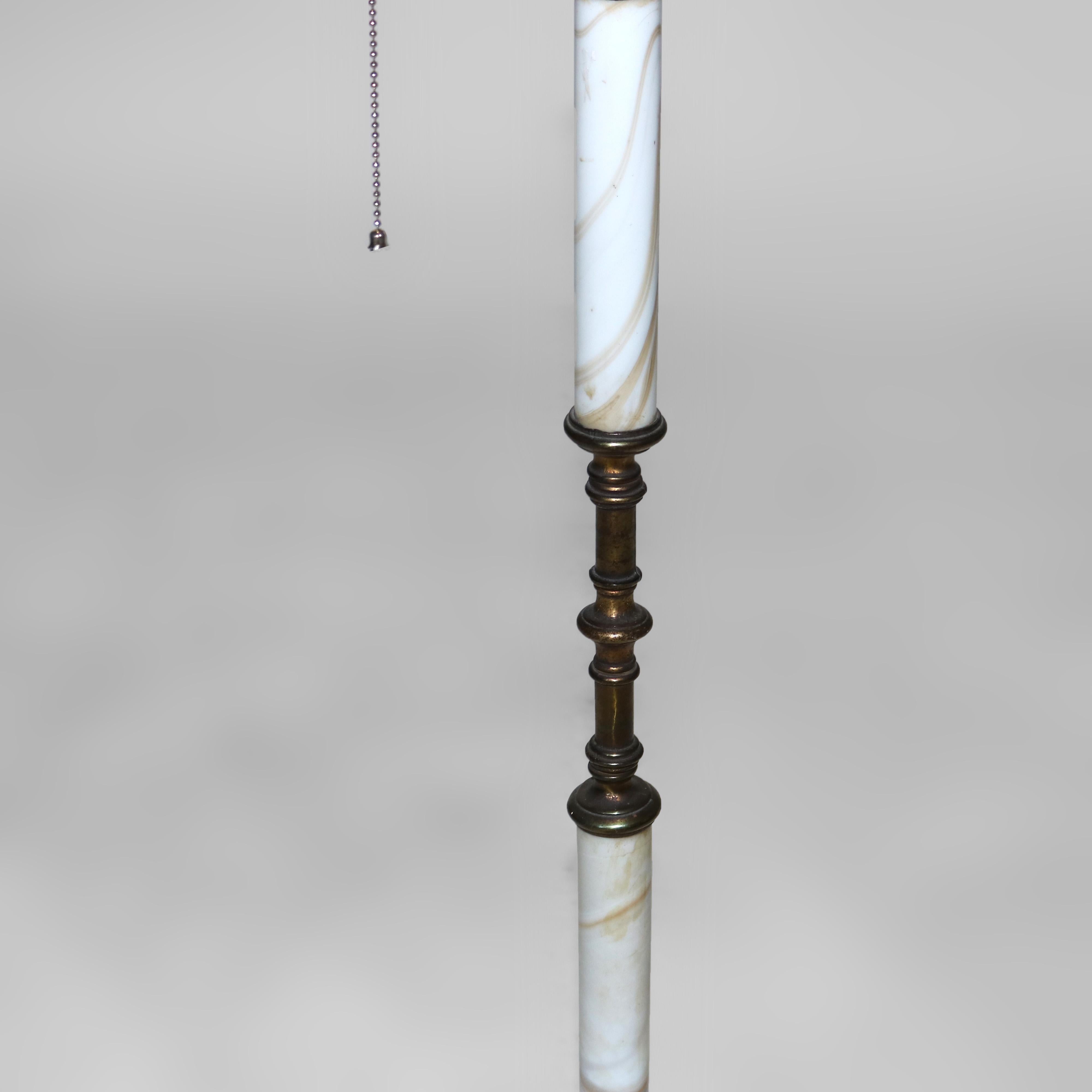 20th Century Antique Brass & Onyx Figural Gooseneck Bridge Lamp with Amber Glass Shade c1930 For Sale