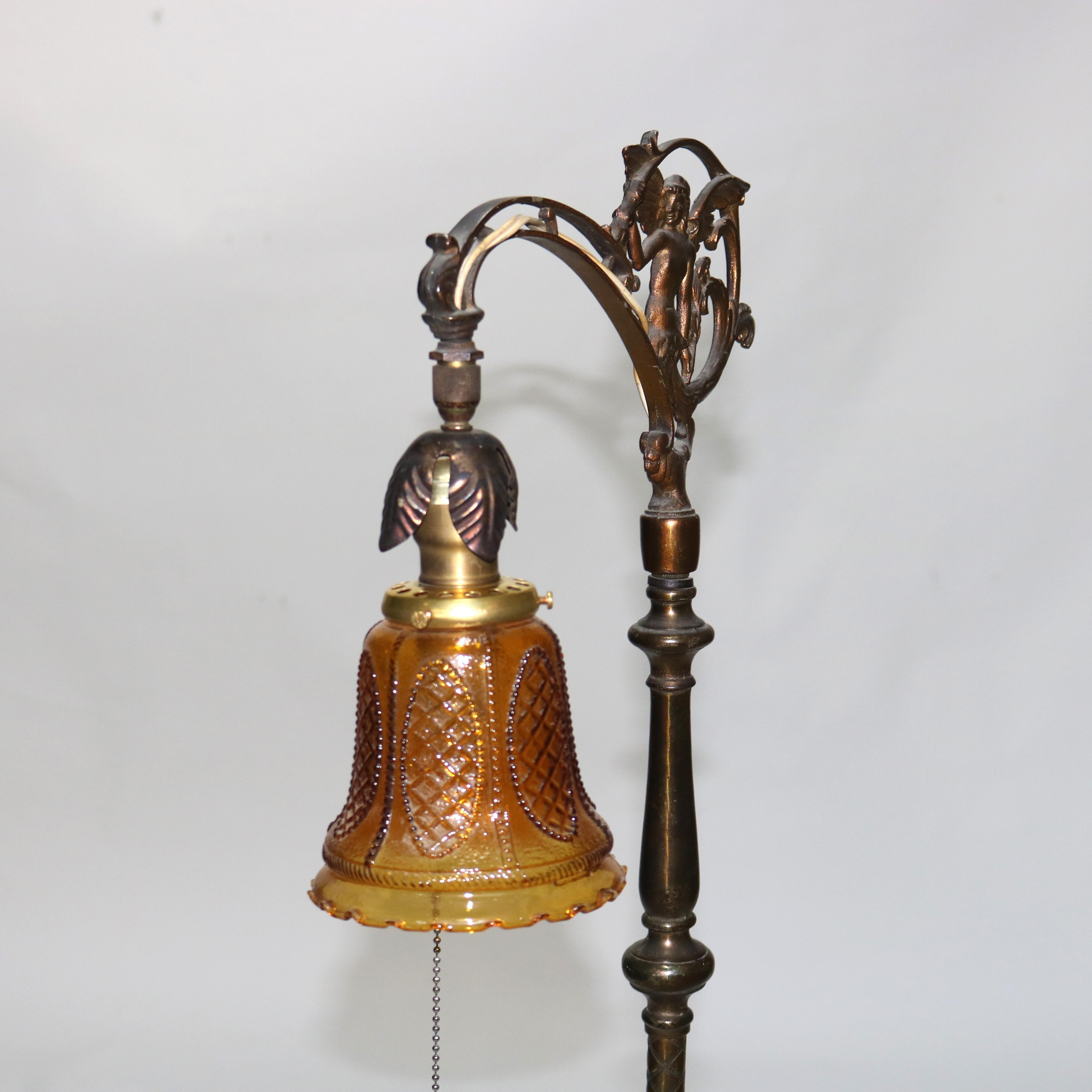 Antique Brass & Onyx Figural Gooseneck Bridge Lamp with Amber Glass Shade c1930 For Sale 1
