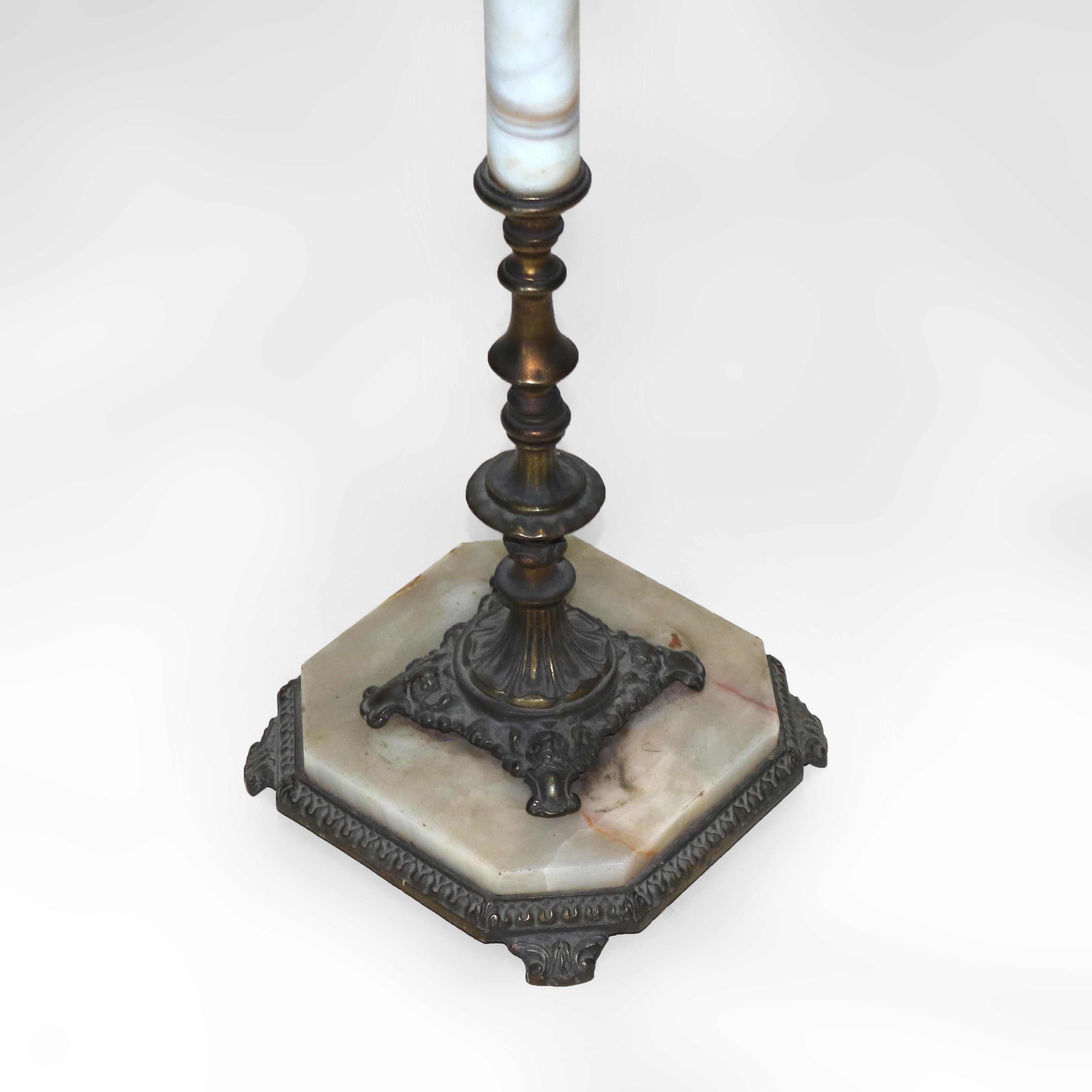 Antique Brass & Onyx Figural Gooseneck Bridge Lamp with Amber Glass Shade c1930 For Sale 3