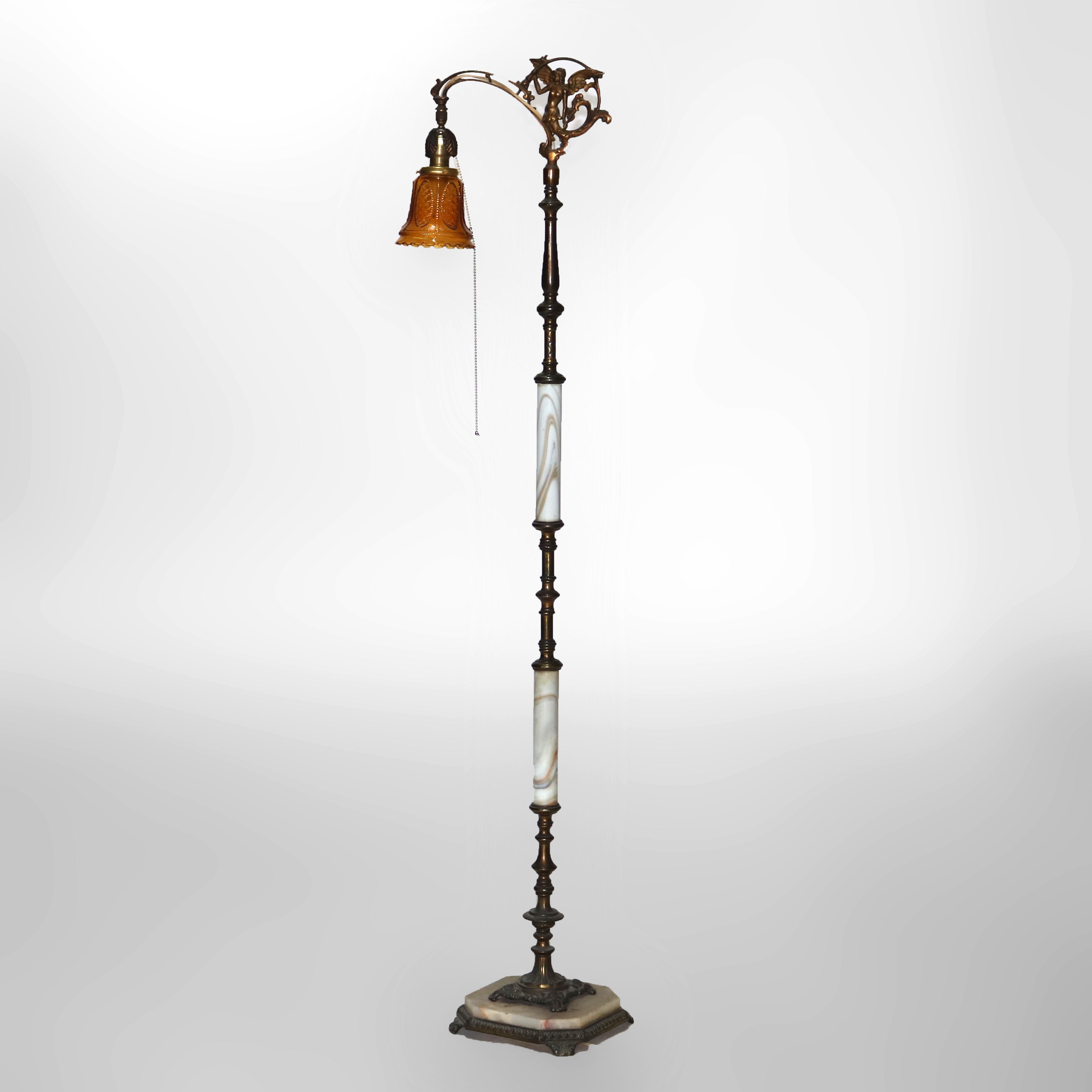 Antique Brass & Onyx Figural Gooseneck Bridge Lamp with Amber Glass Shade c1930 For Sale 4