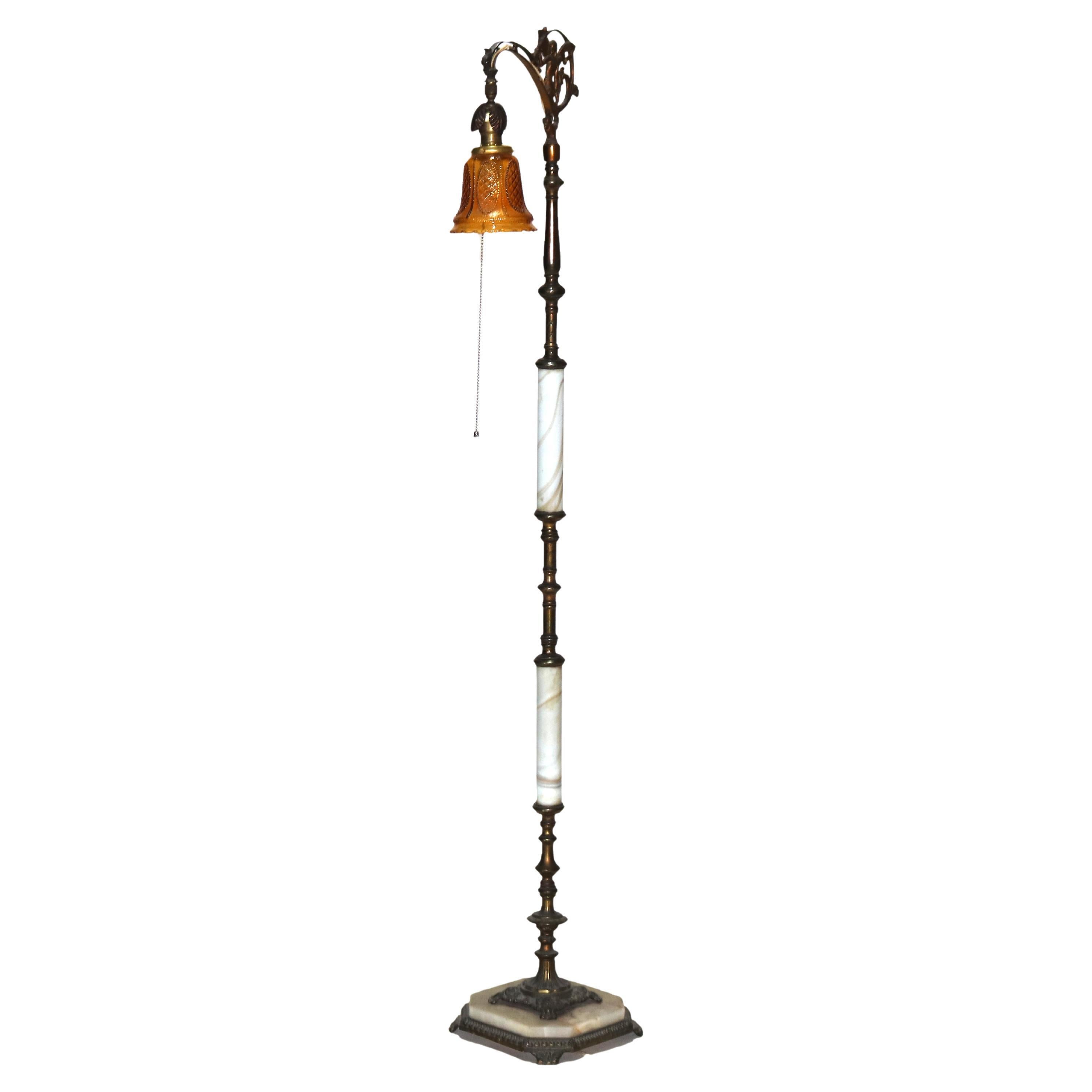 Antique Brass & Onyx Figural Gooseneck Bridge Lamp with Amber Glass Shade c1930 For Sale
