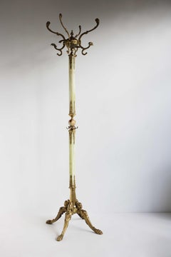 Antique Brass & Onyx Square Marble Coat Hat Rack Hall Tree Stand, Italian, 1960