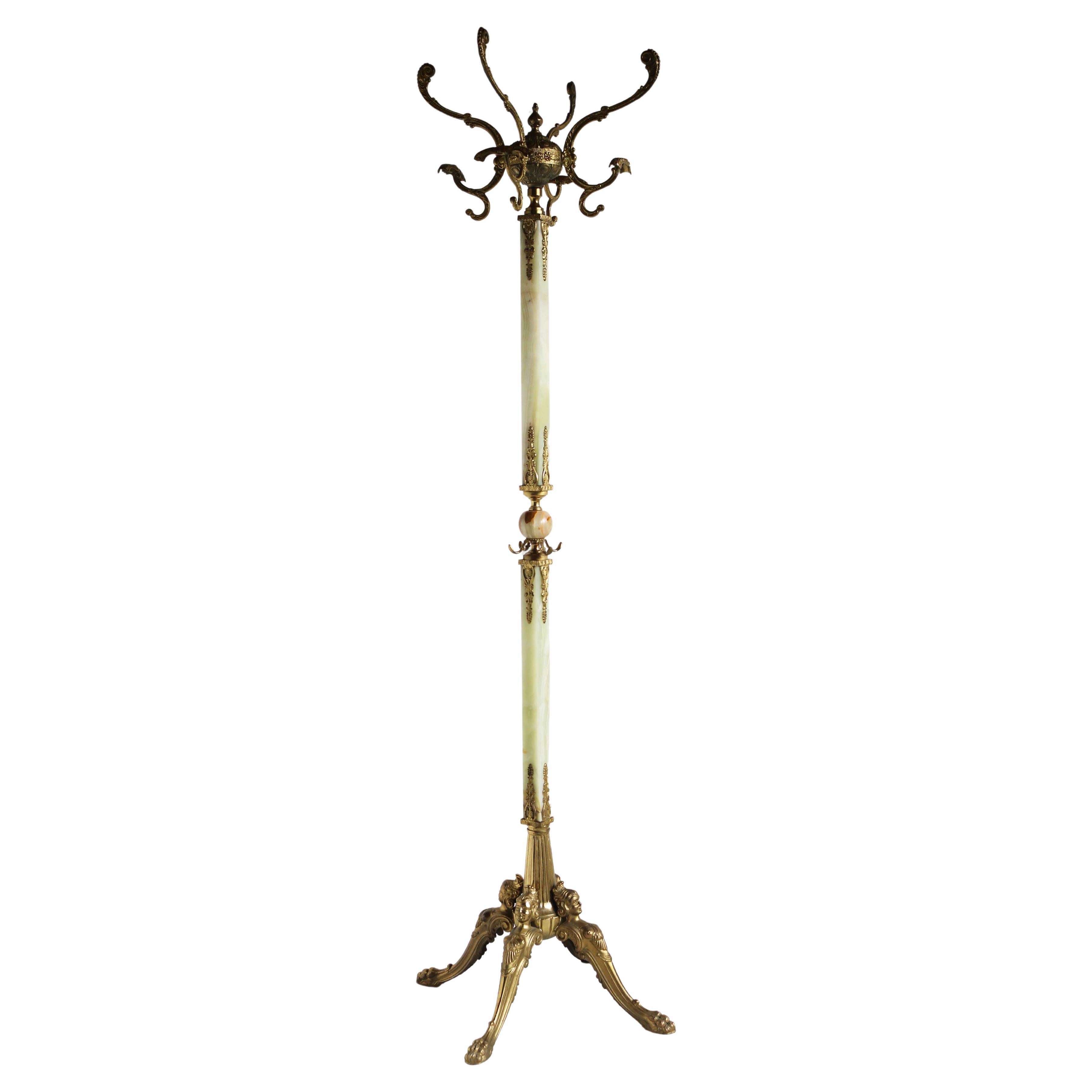 Antique Brass & Onyx Square Marble Coat Hat Rack Hall Tree Stand, Italian, 1960
