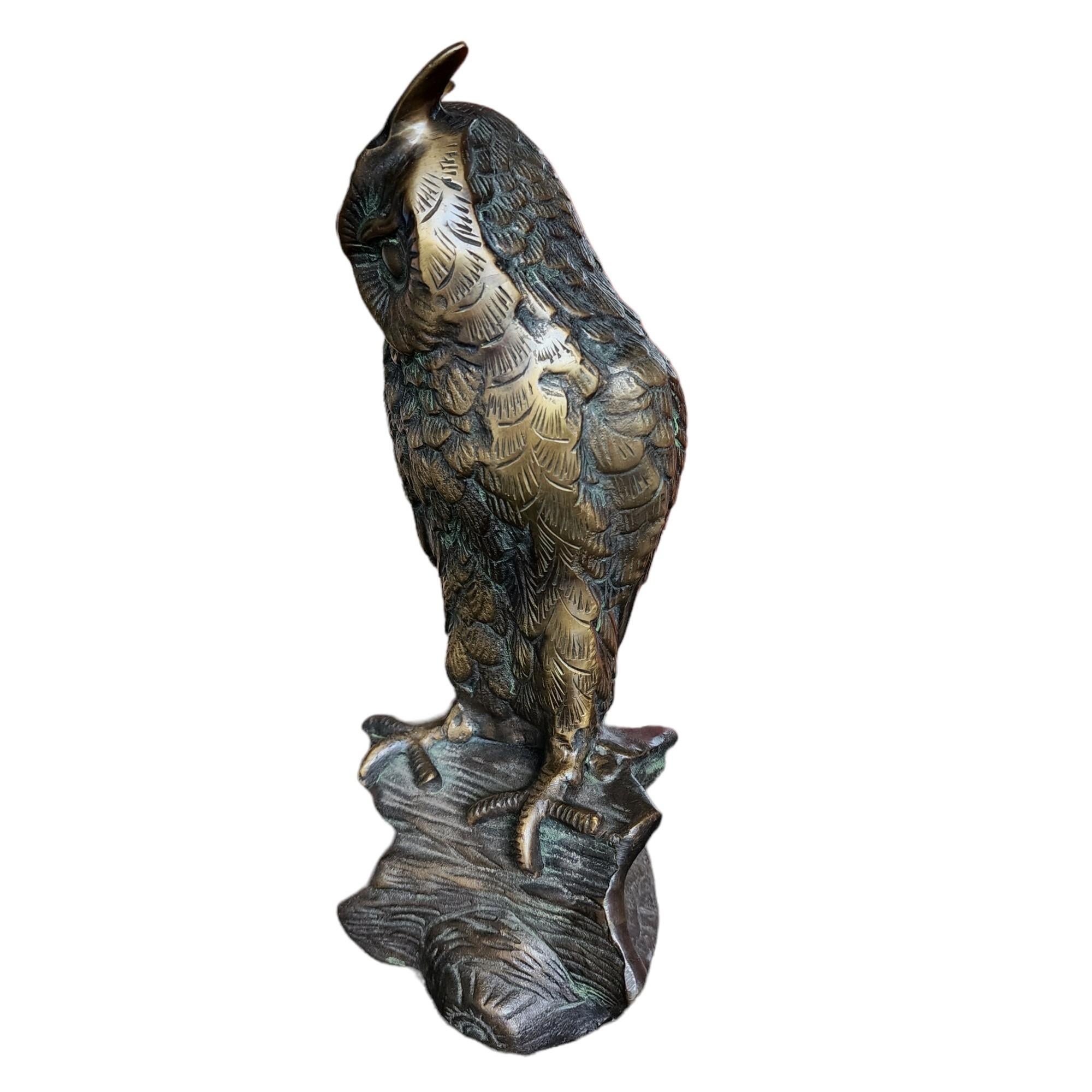 Finest example of a figural owl sculpture, made of brass, 10 in tall and features a beautifully cast owl sitting on a branch.

Tags Marks Hallmarks: NA
Pattern:  Owl
Material:    Brass
Type or Style: Sculpture
Crafted In: USA
Circa: 1900's
Item