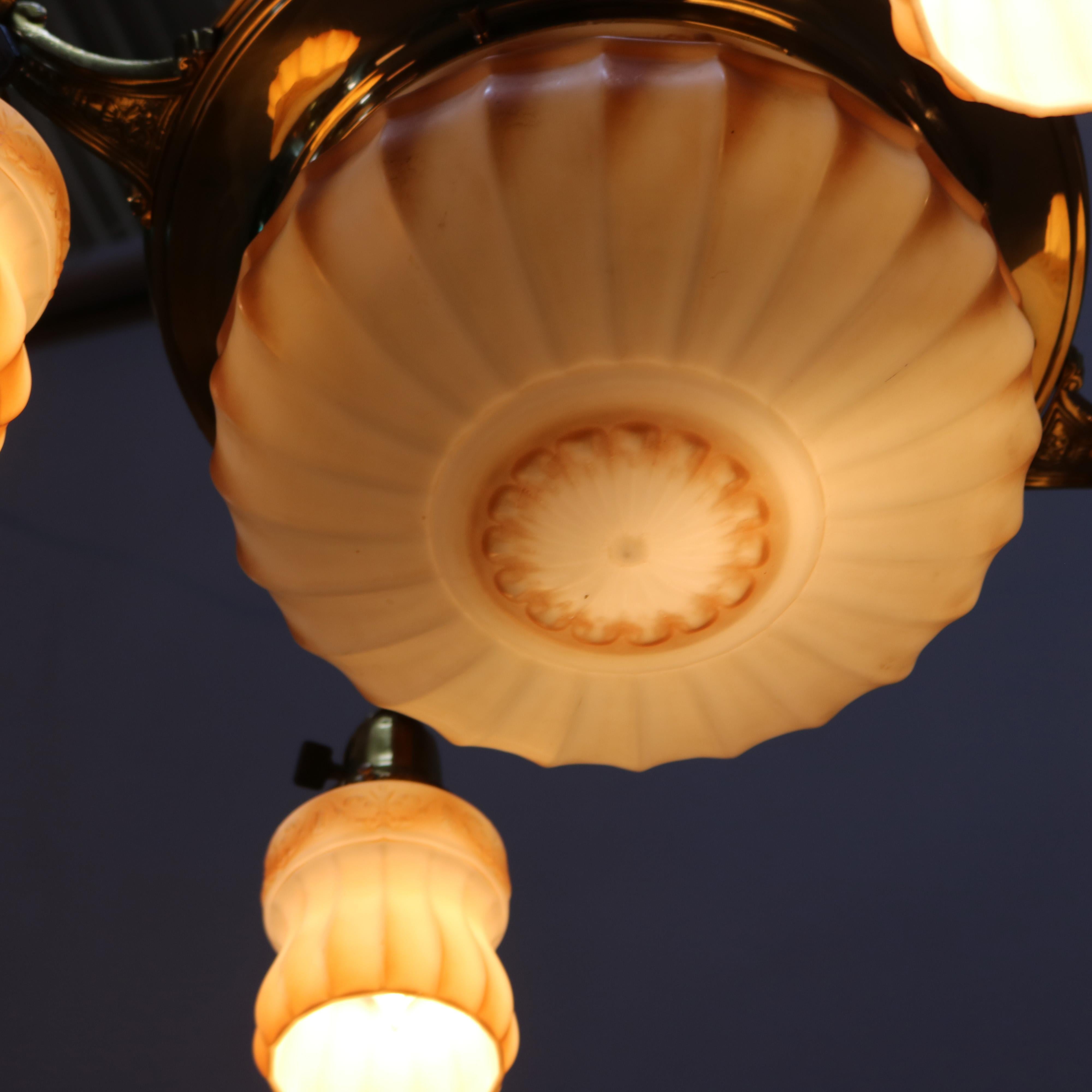 Antique Brass Pan & Drop-Light Hanging Ceiling Fixture Circa 1920 1