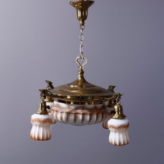 Antique Brass Pan & Drop-Light Hanging Ceiling Fixture Circa 1920