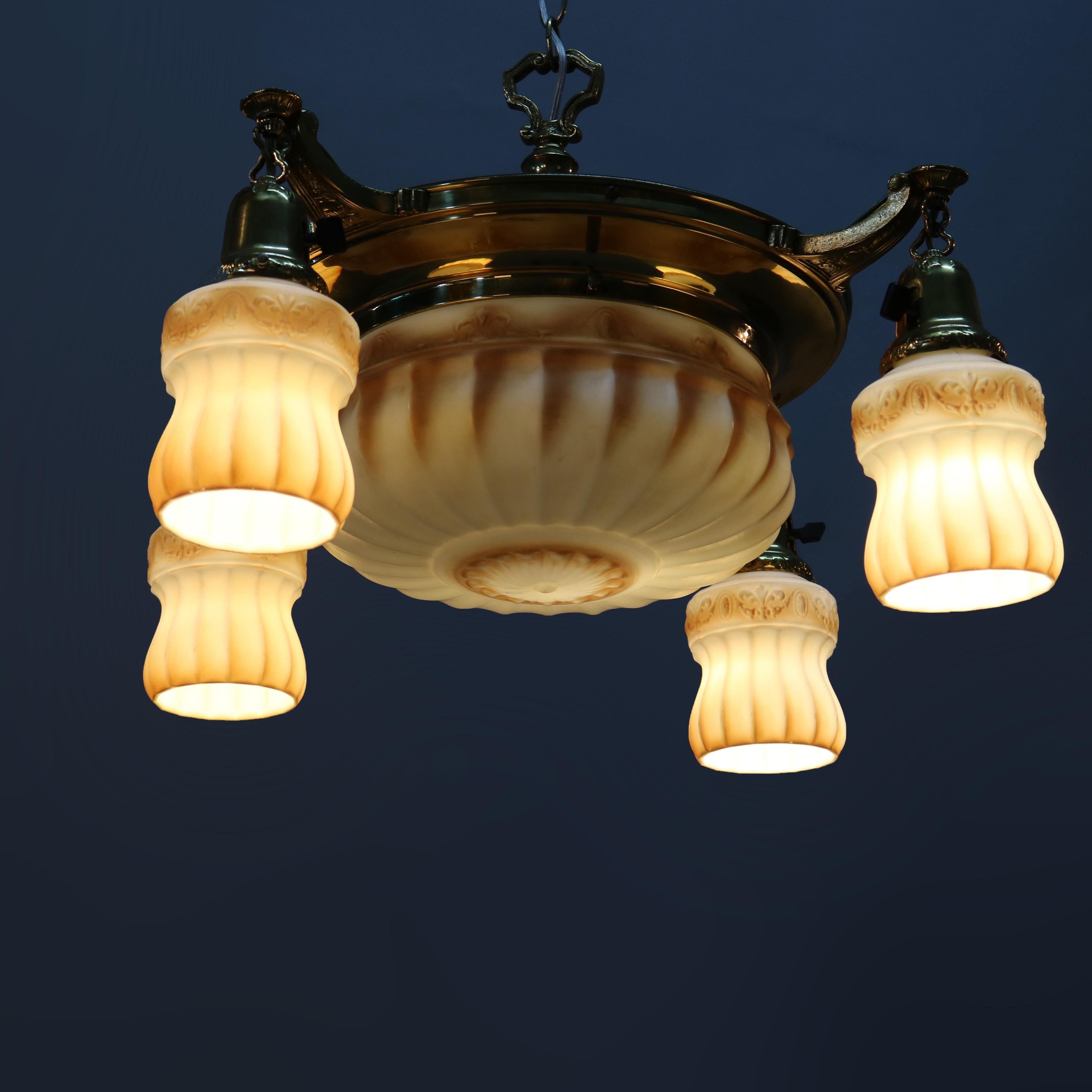 American Antique Brass Pan & Drop-Light Hanging Ceiling Fixture Circa 1920