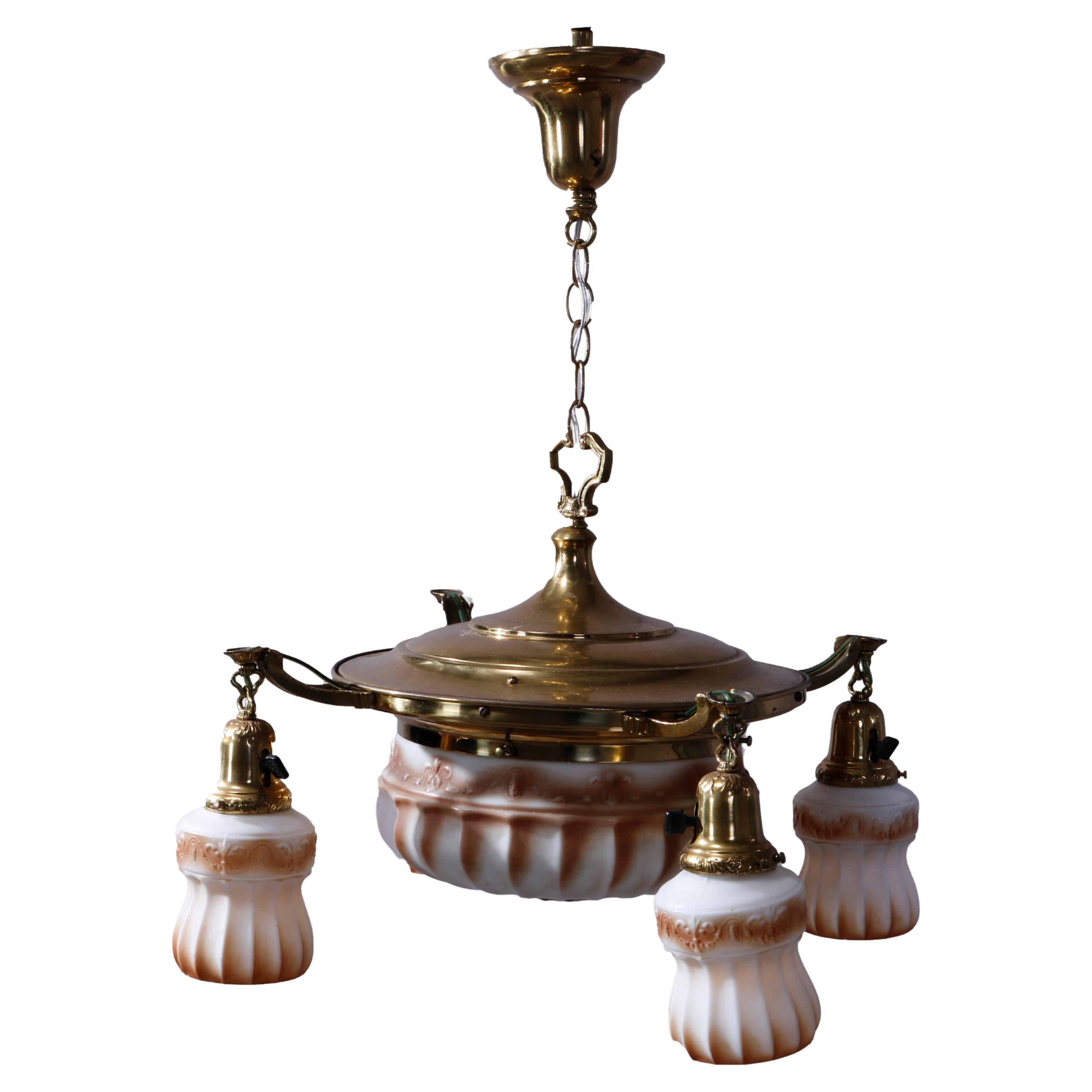 Antique Brass Pan & Drop-Light Hanging Ceiling Fixture Circa 1920