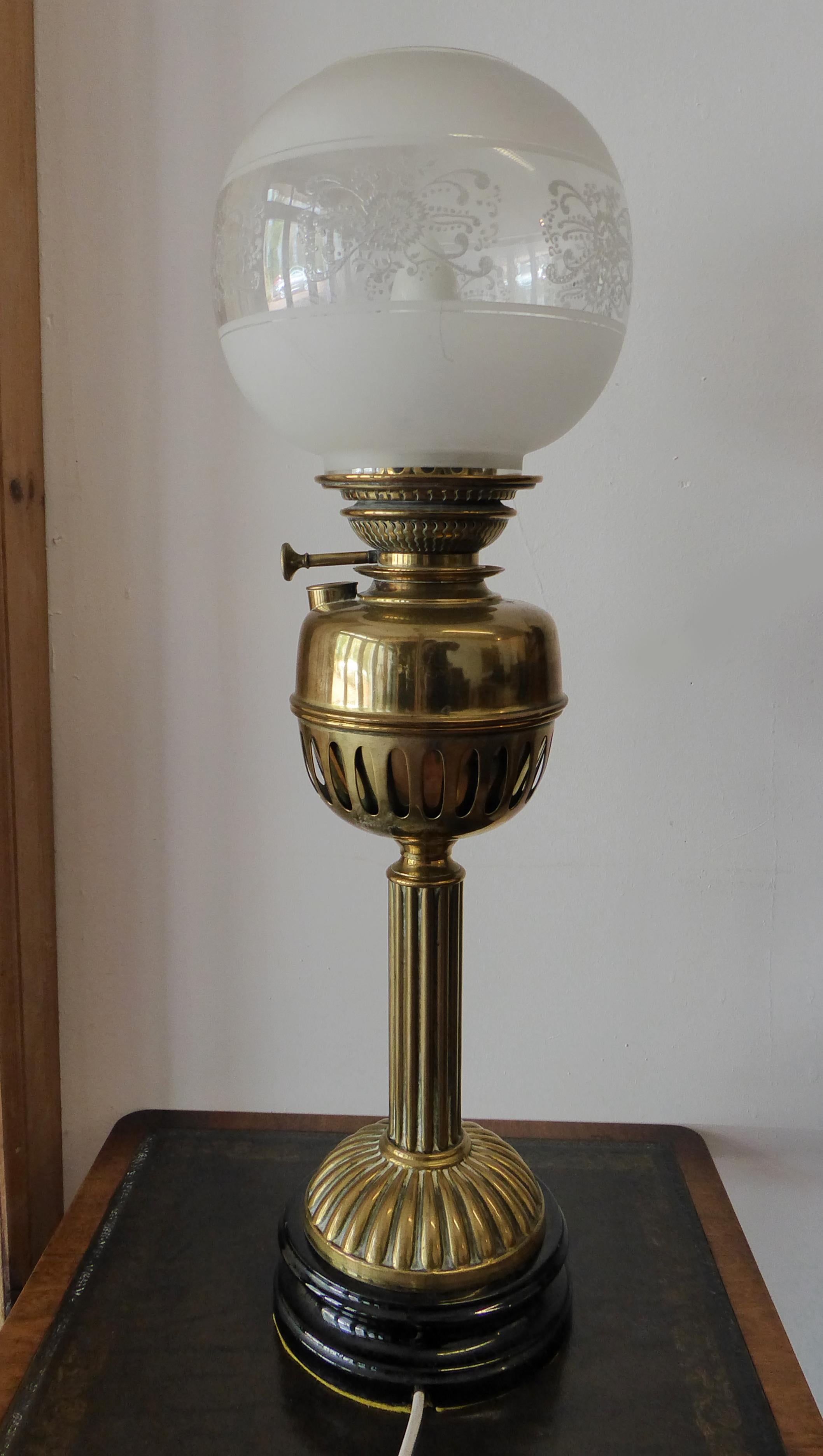 Antique Brass Paraffin Lamp Converted to Electric For Sale 5